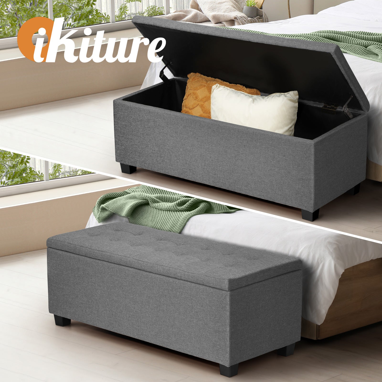 Oikiture Storage Ottoman Blanket Box Faux Linen Chest Toy Foot Stool LARGE Grey - Sunyee