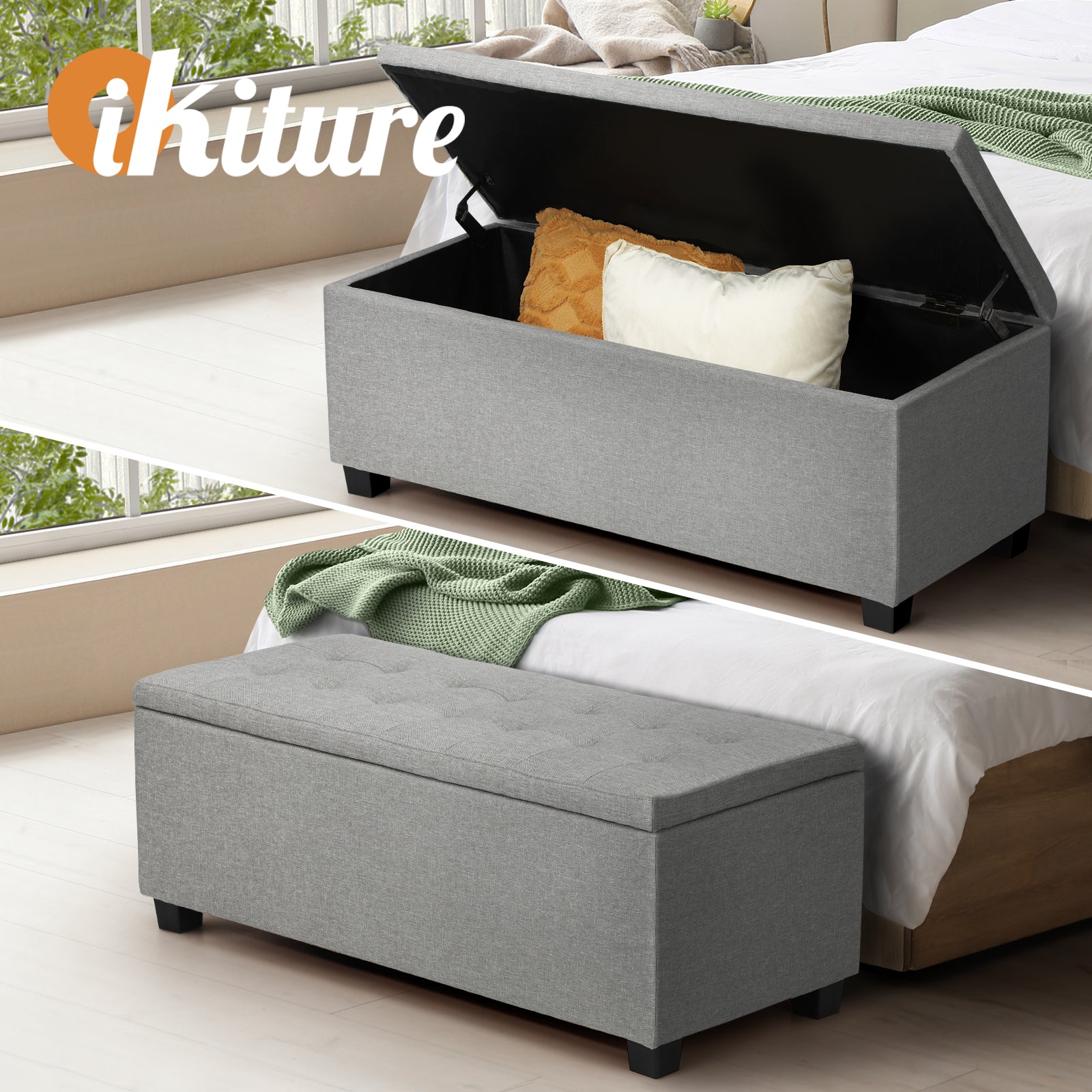 Oikiture Storage Ottoman Blanket Box Faux Linen/PU Leather Toy Foot Stool L/XL - Sunyee