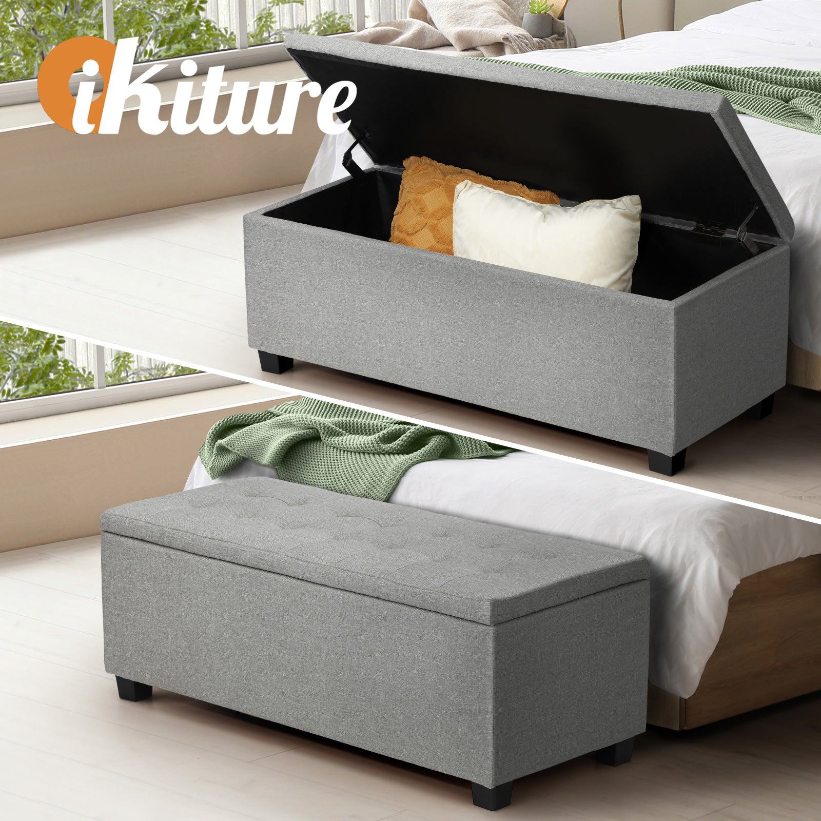Oikiture Storage Ottoman Blanket Box Faux Linen Chest Toy Foot Stool LARGE - Sunyee
