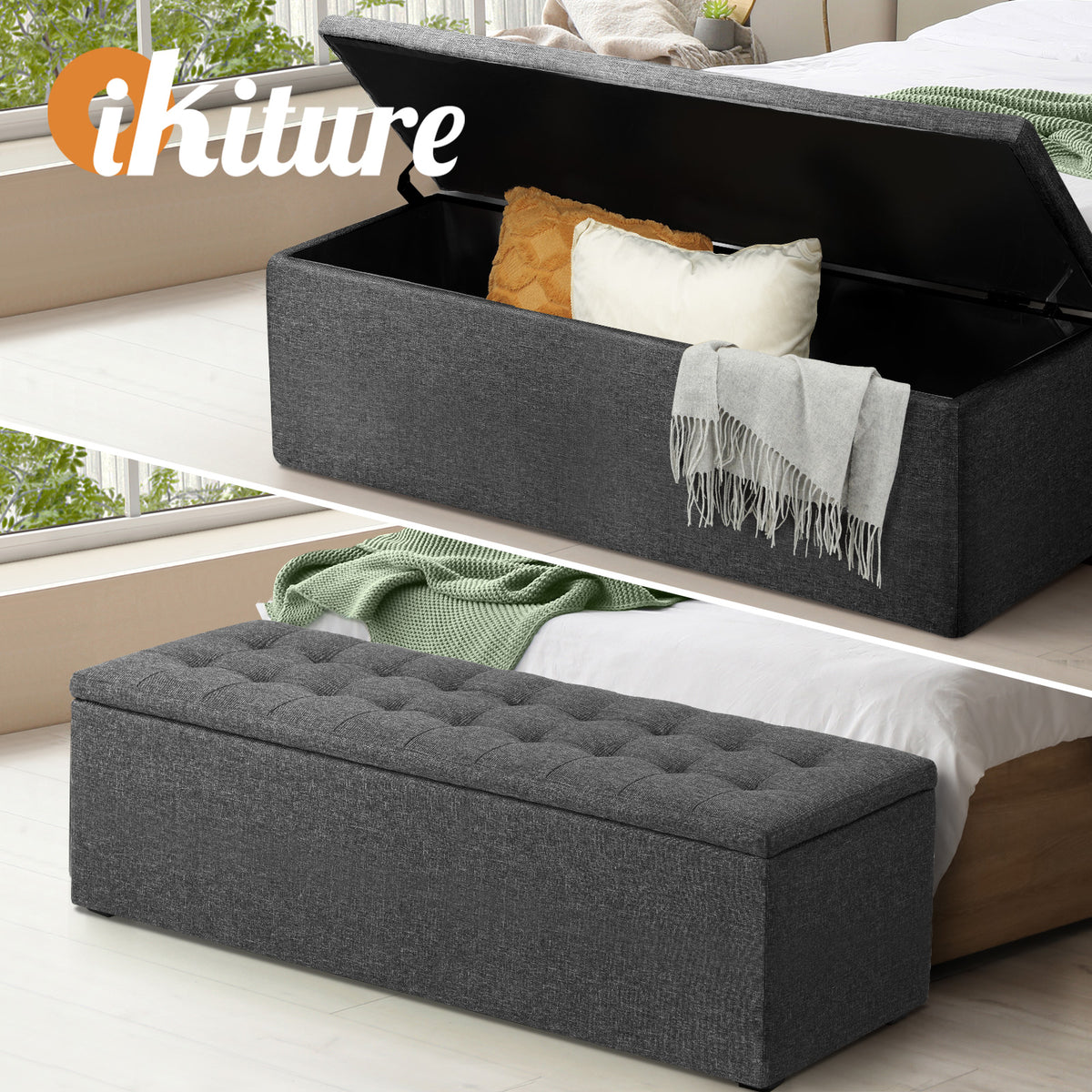 Oikiture Storage Ottoman Blanket Box Linen/Faux Leather Toy Foot Stool L/XL - Sunyee