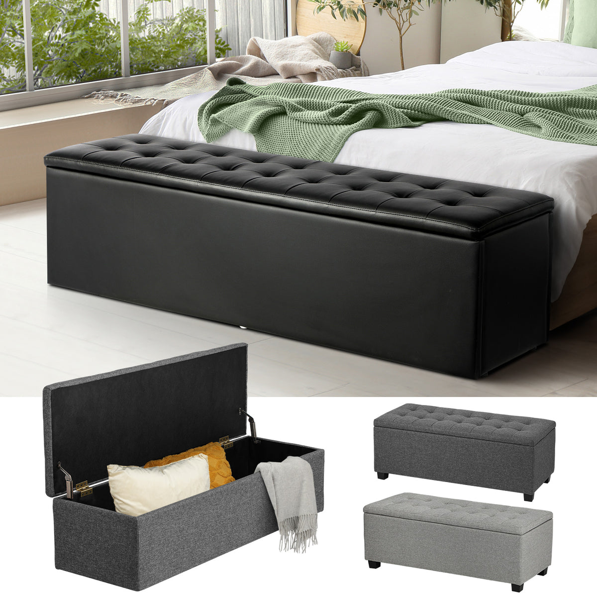 Oikiture Storage Ottoman Blanket Box Linen/Faux Leather Toy Foot Stool L/XL - Sunyee