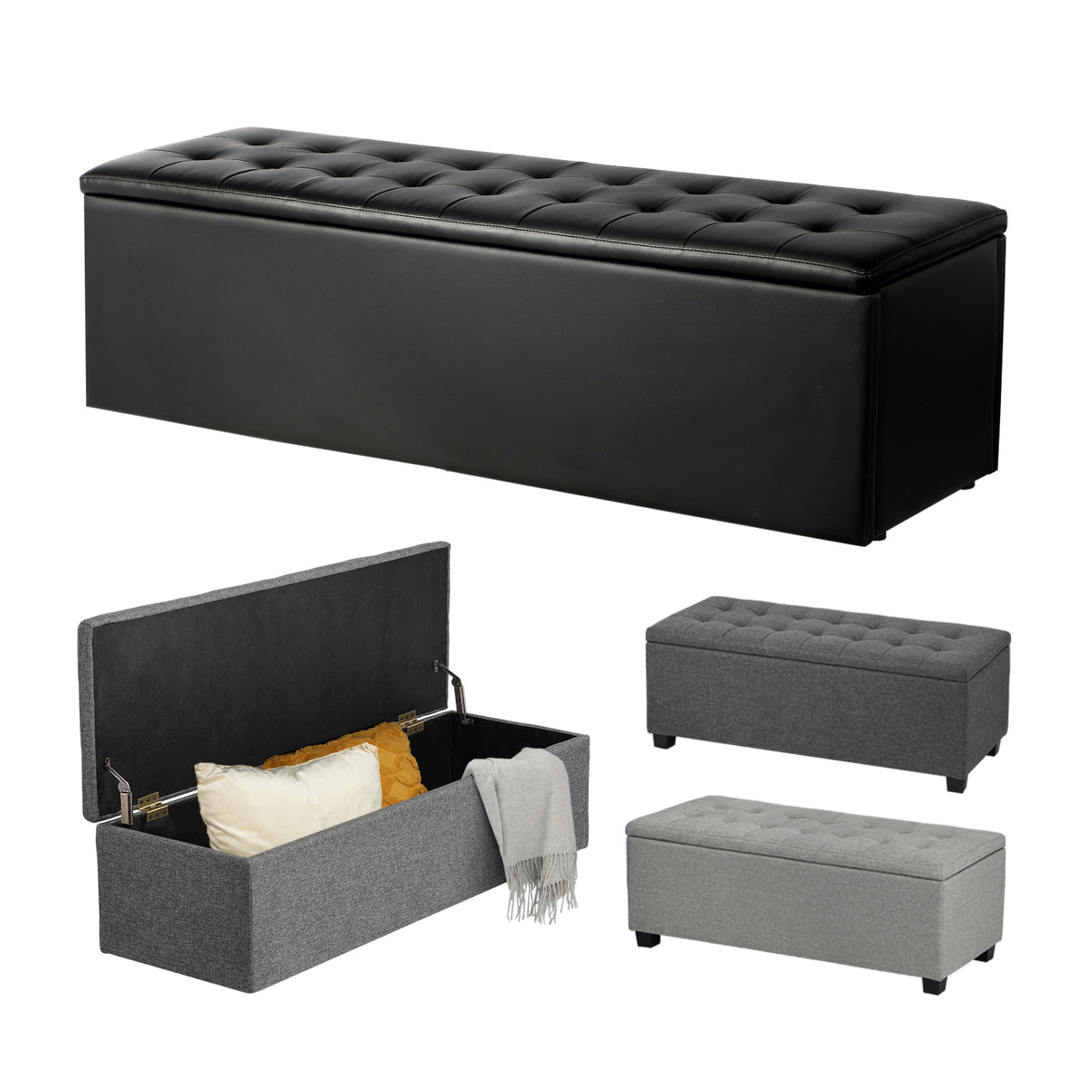 Oikiture Storage Ottoman Blanket Box Linen/Faux Leather Toy Foot Stool L/XL - Sunyee