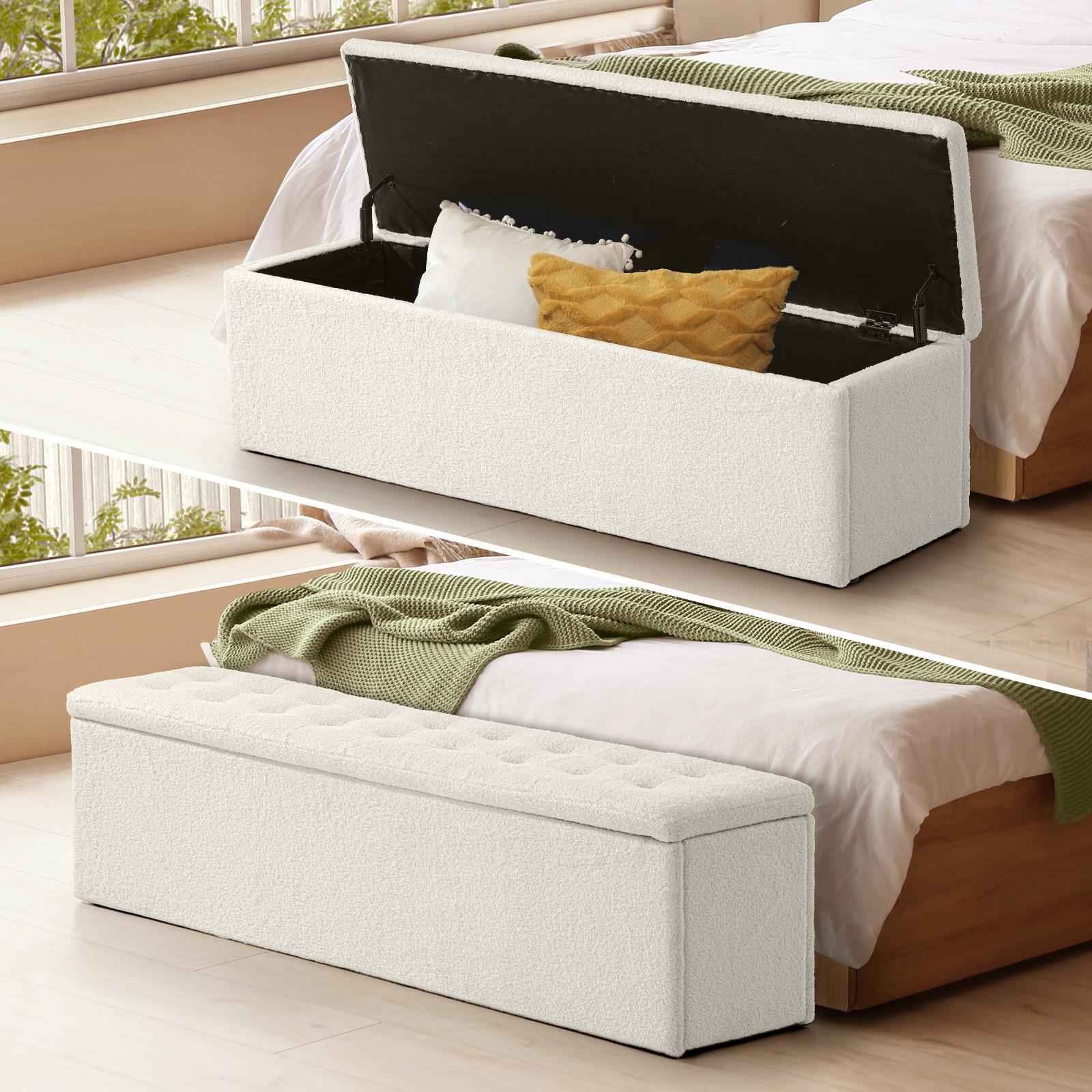 Oikiture Storage Ottoman Blanket Box Foot Stool XL Chest Toy Sherpa Linen White - Sunyee