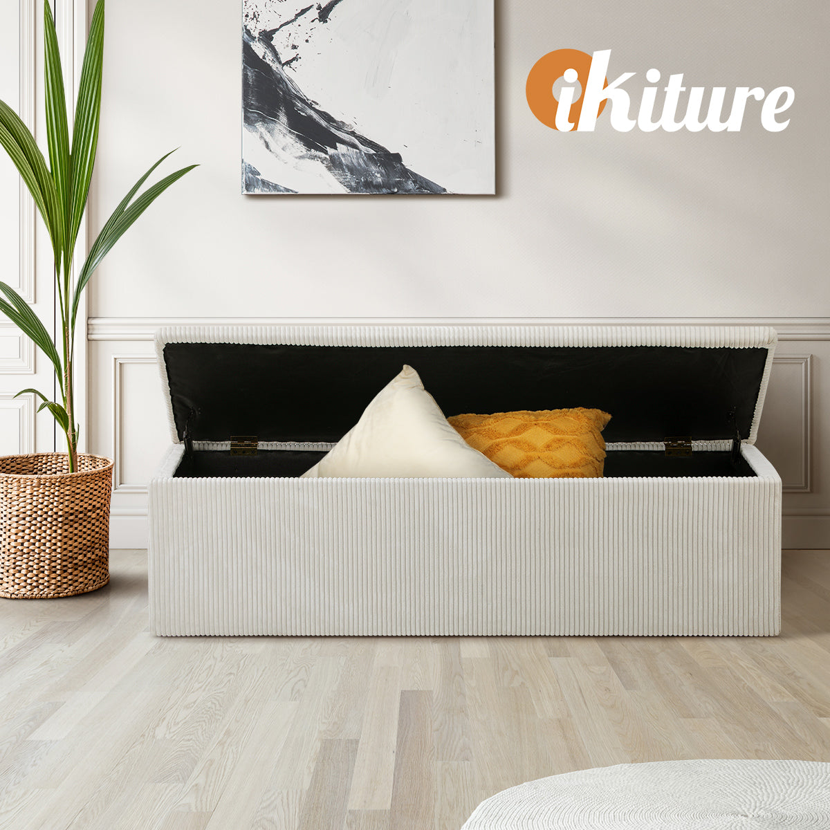 Oikiture Storage Ottoman Blanket Box Foot Stool XL Chest Toy Polyester Beige - Sunyee