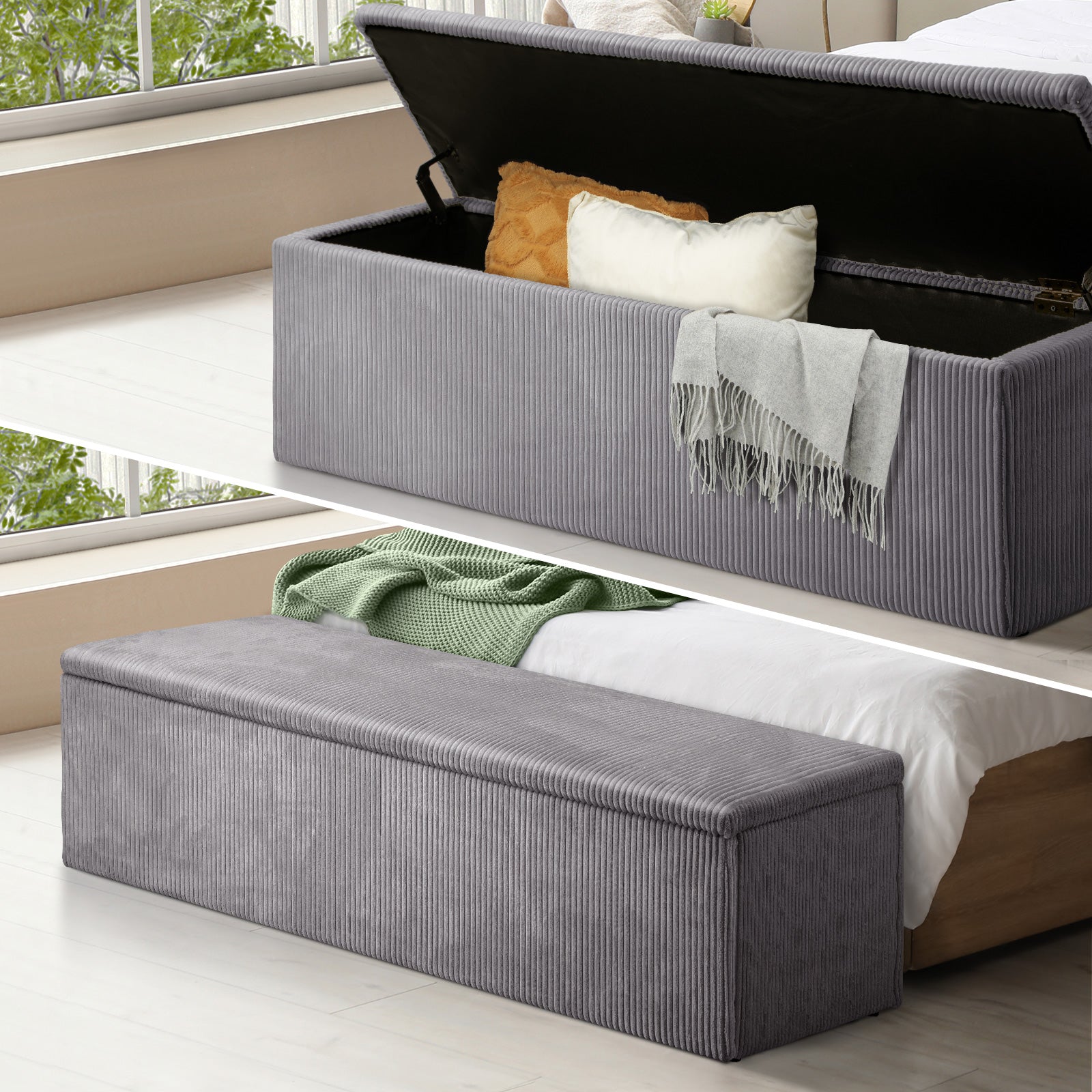 Oikiture Storage Ottoman Blanket Box Foot Stool XL Chest Toy Polyester Grey - Sunyee