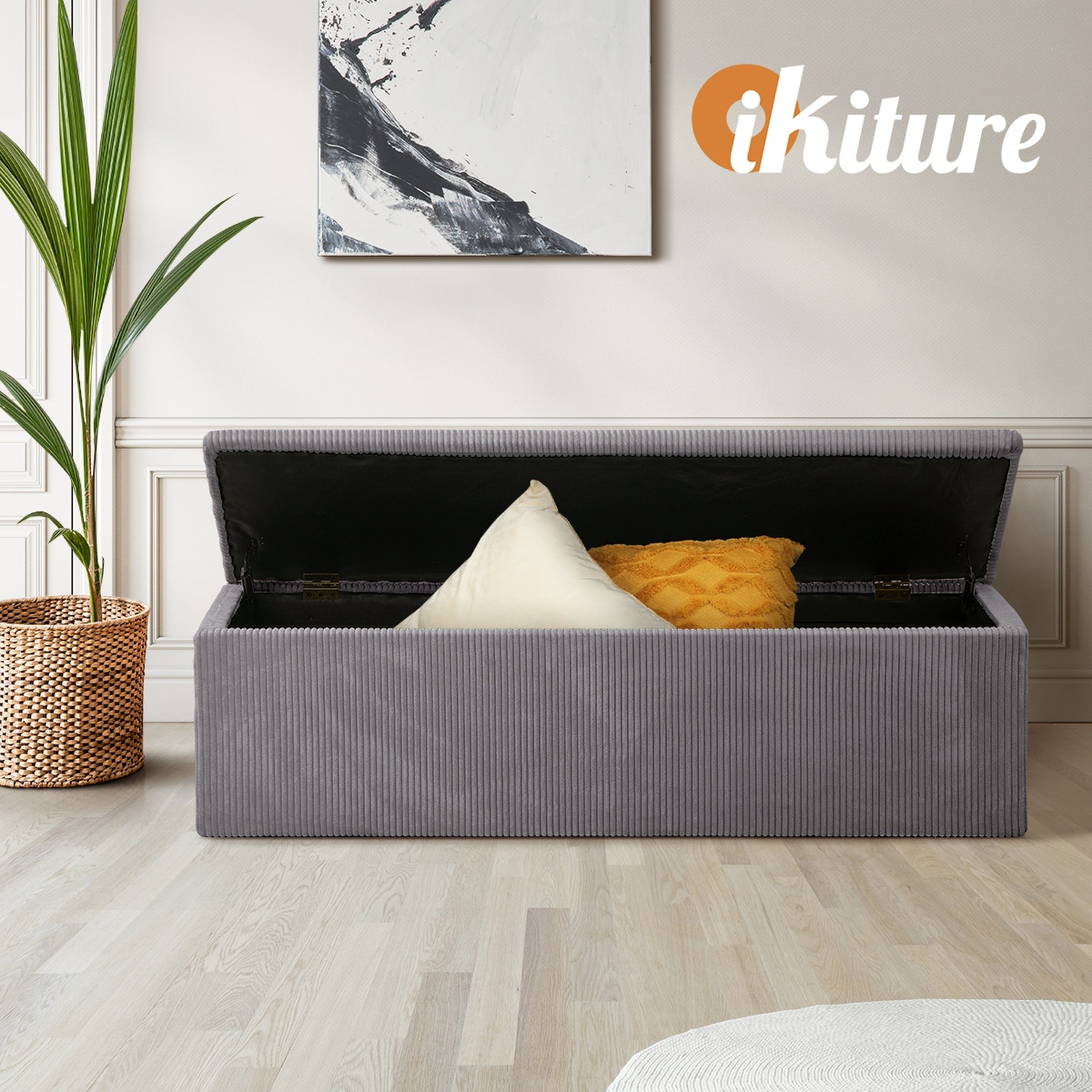 Oikiture Storage Ottoman Blanket Box Foot Stool XL Chest Toy Polyester Grey - Sunyee