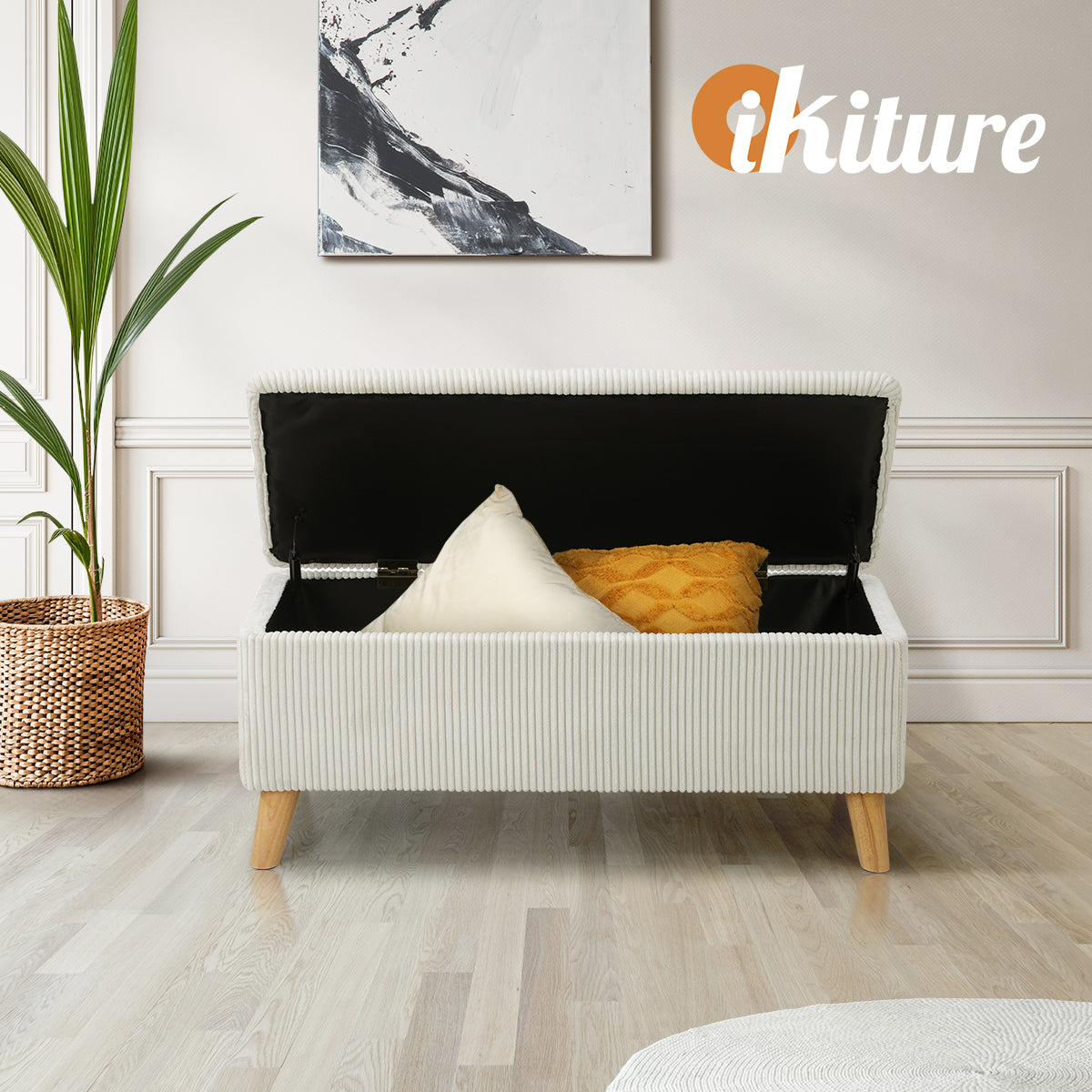 Oikiture Storage Ottoman Blanket Box Chest Toy Foot Stool LARGE Polyester Beige - Sunyee