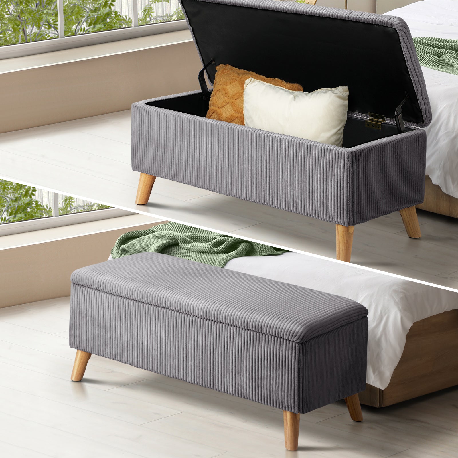 Oikiture Storage Ottoman Blanket Box Chest Toy Foot Stool LARGE Polyester Grey - Sunyee