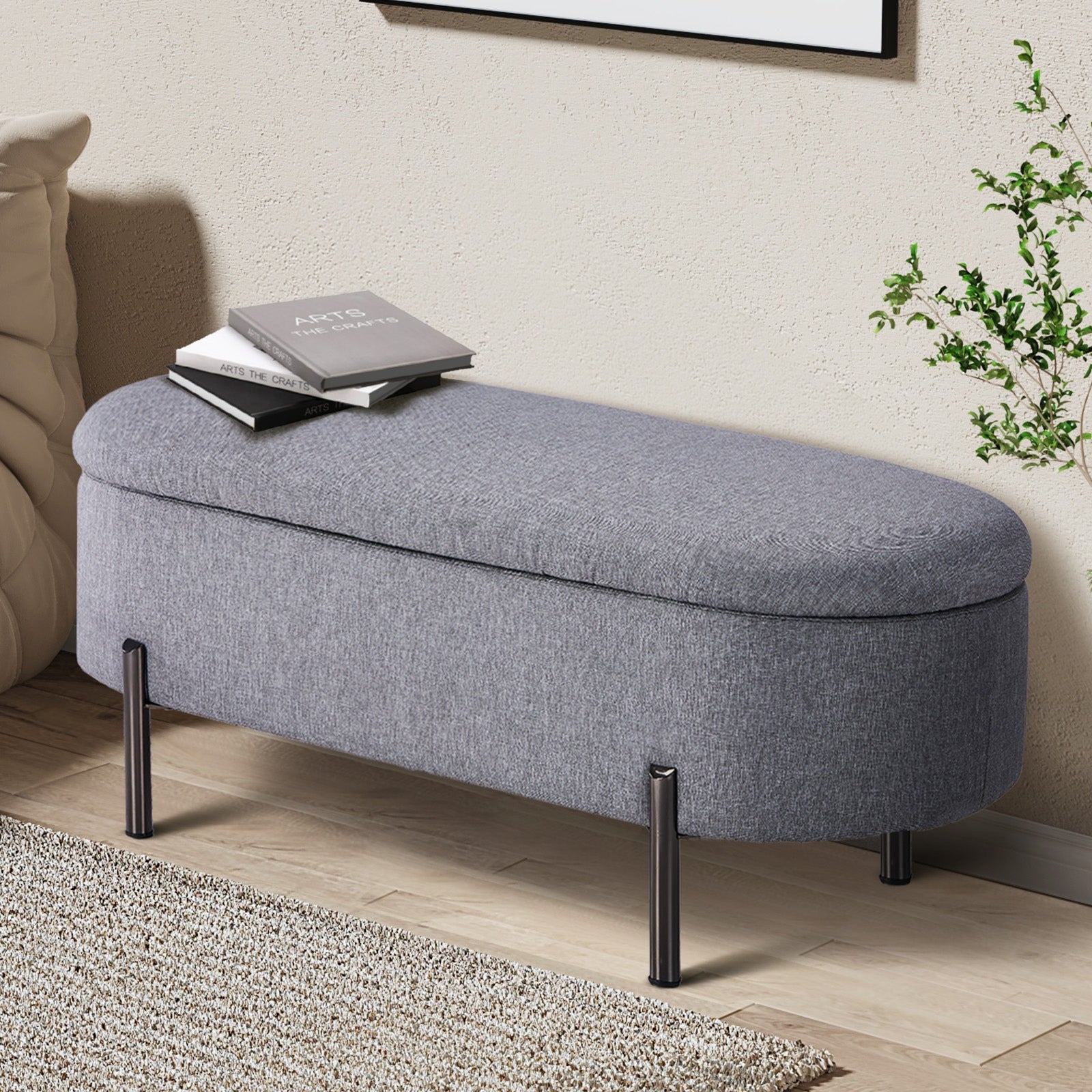 Oikiture Storage Ottoman Bench Oval Footstool Blanket Box Chest Toy Linen Grey - Sunyee