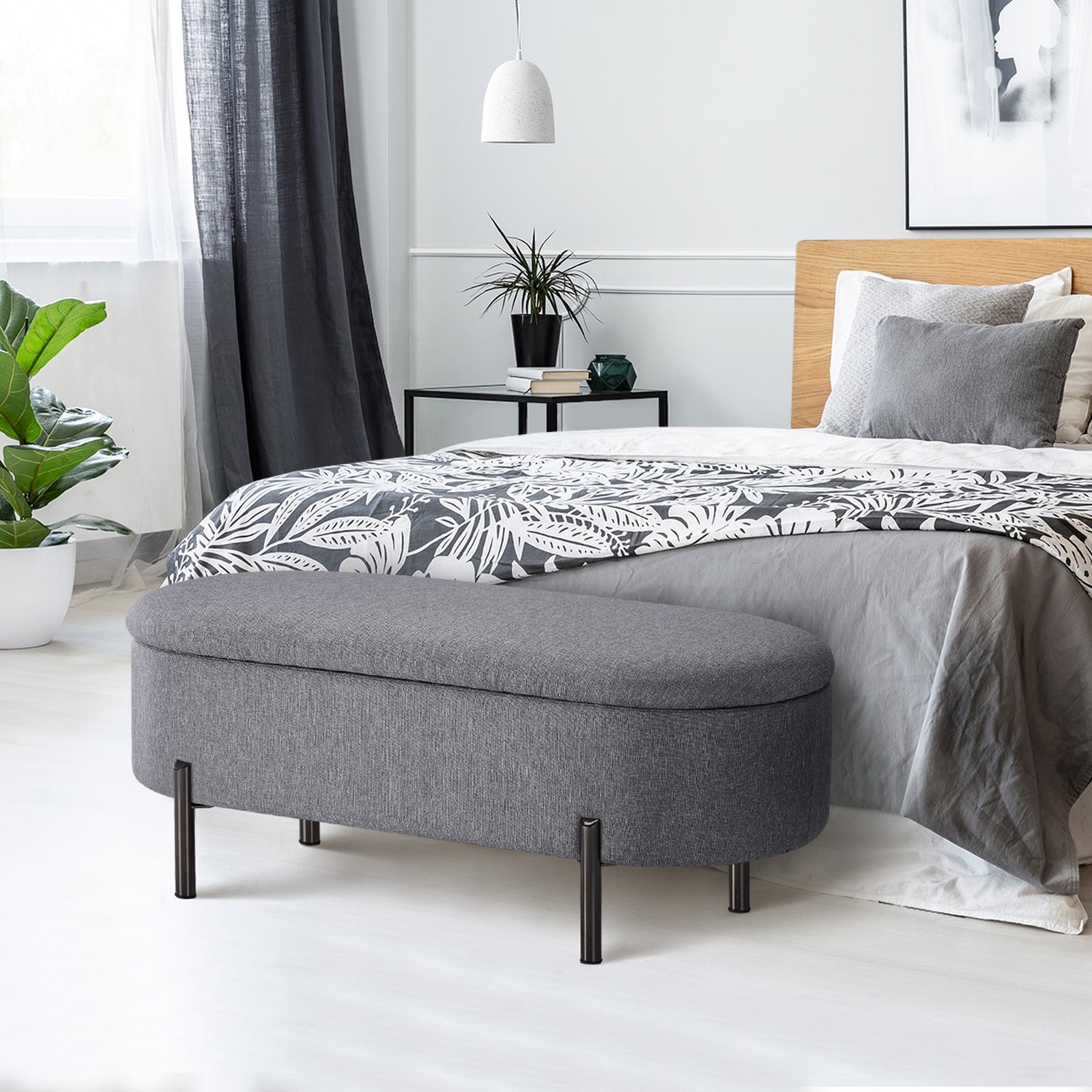 Oikiture Storage Ottoman Bench Oval Footstool Blanket Box Chest Toy Linen Grey - Sunyee