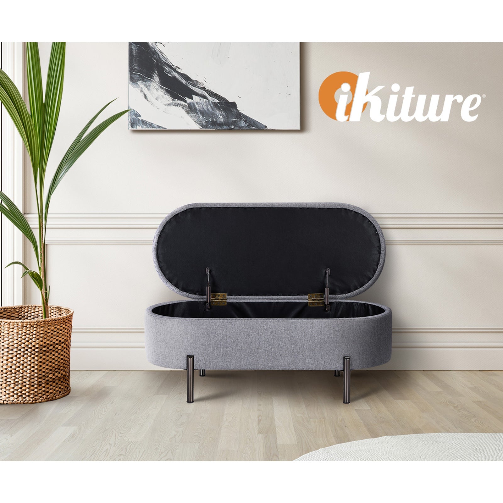 Oikiture Storage Ottoman Bench Oval Footstool Blanket Box Chest Toy Linen Grey - Sunyee