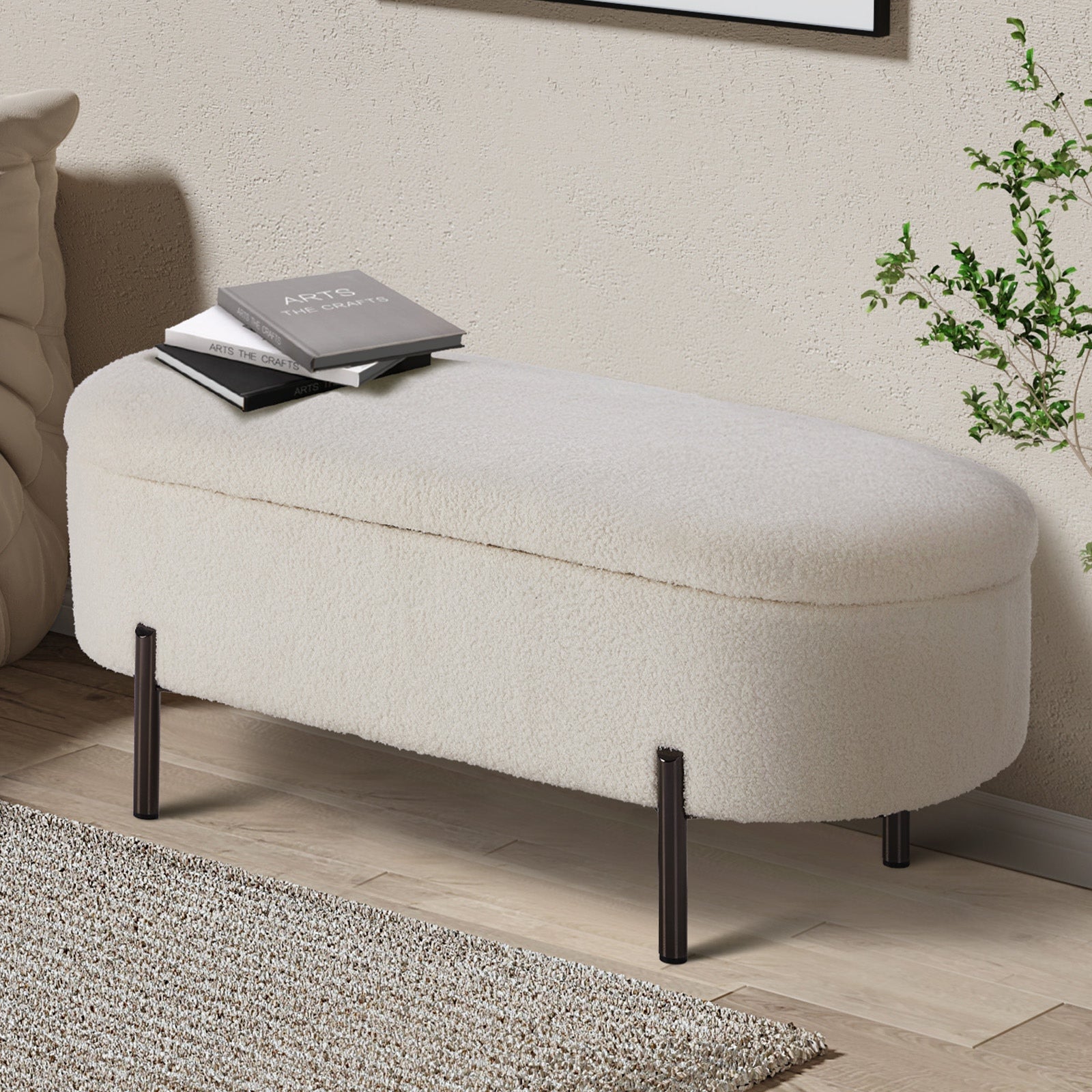 Oikiture Storage Ottoman Bench Oval Footstool Blanket Box Chest Toy Sherpa White - Sunyee