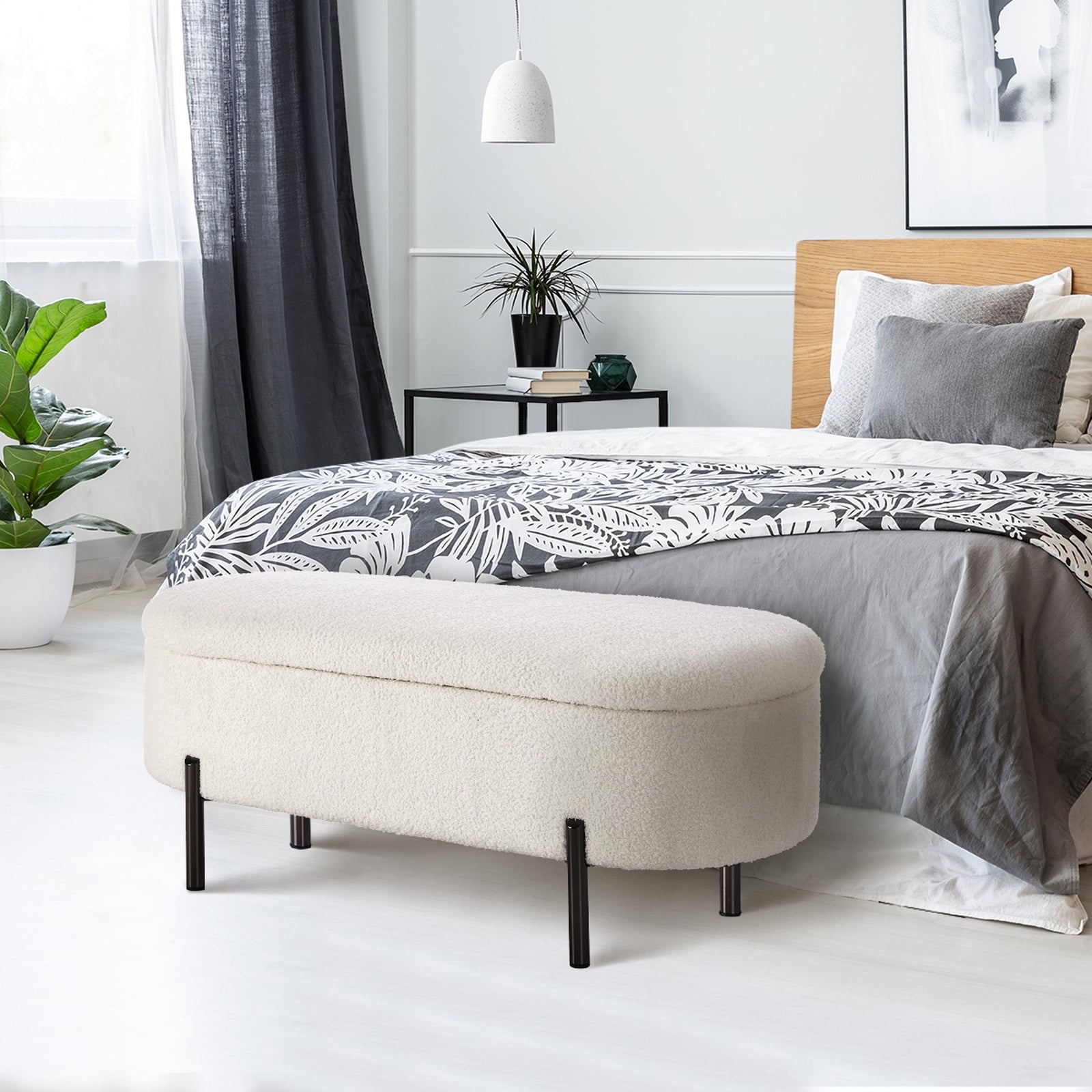 Oikiture Storage Ottoman Bench Oval Footstool Blanket Box Chest Toy Sherpa White - Sunyee