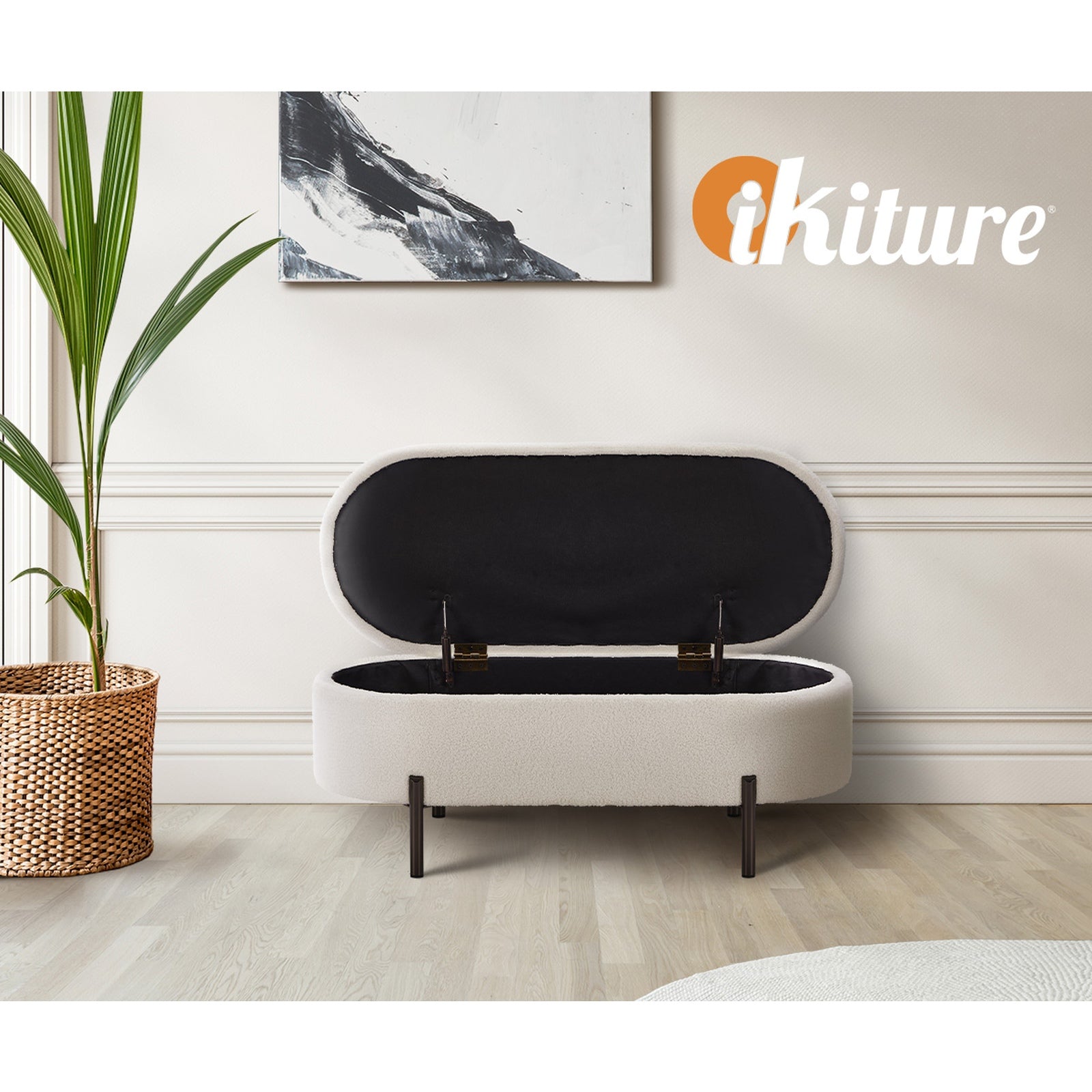 Oikiture Storage Ottoman Bench Oval Footstool Blanket Box Chest Toy Sherpa White - Sunyee