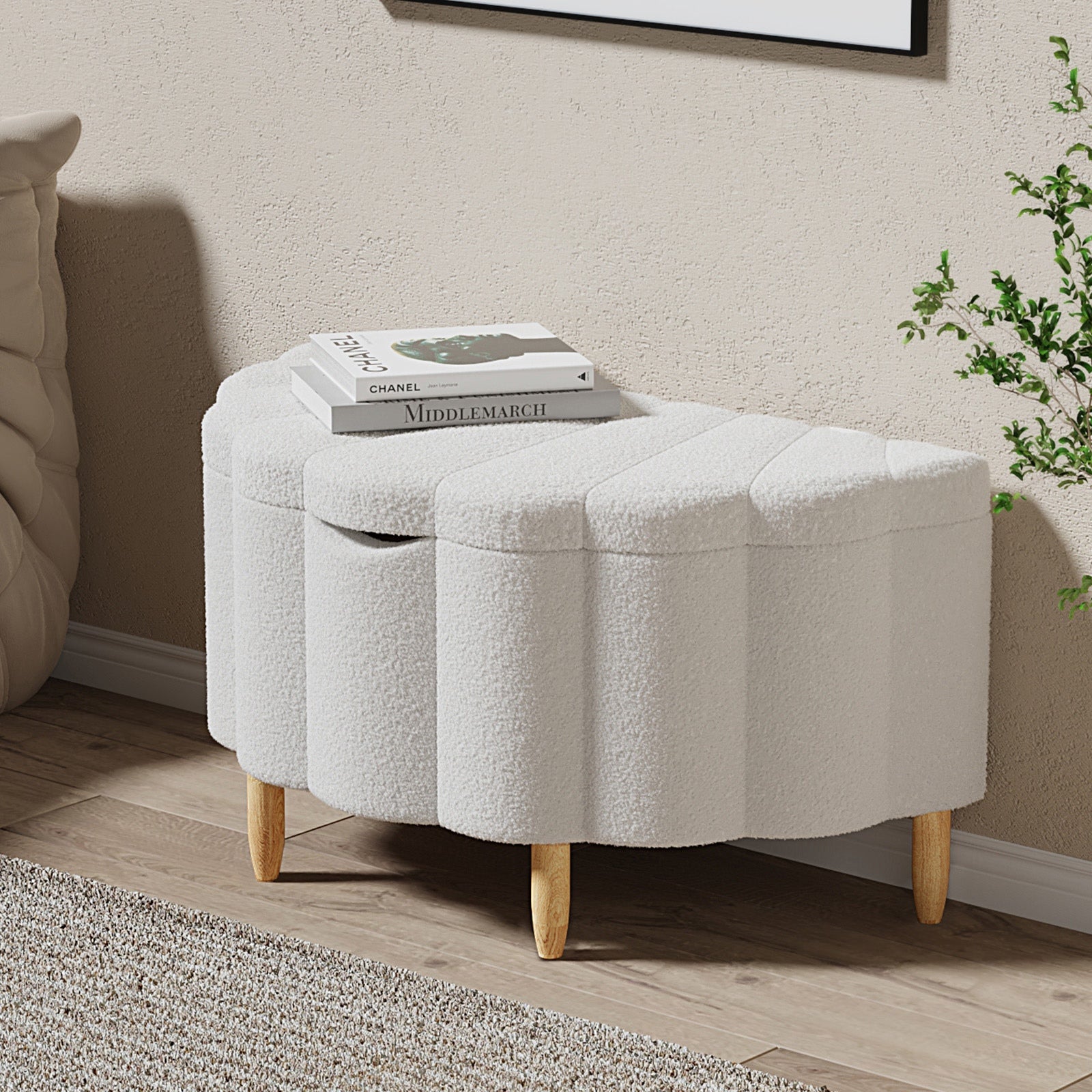 Oikiture Storage Ottoman Scallop Boucle Blanket Box Fleece Foot Stool Seat Chest - Sunyee