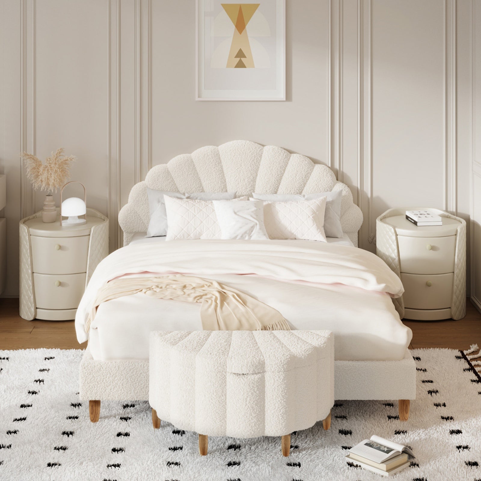 Oikiture Storage Ottoman Scallop Boucle Blanket Box Fleece Foot Stool Seat Chest - Sunyee