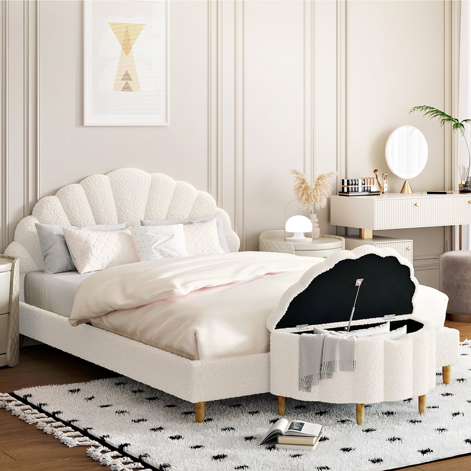 Oikiture Storage Ottoman Scallop Boucle Blanket Box Fleece Foot Stool Seat Chest - Sunyee