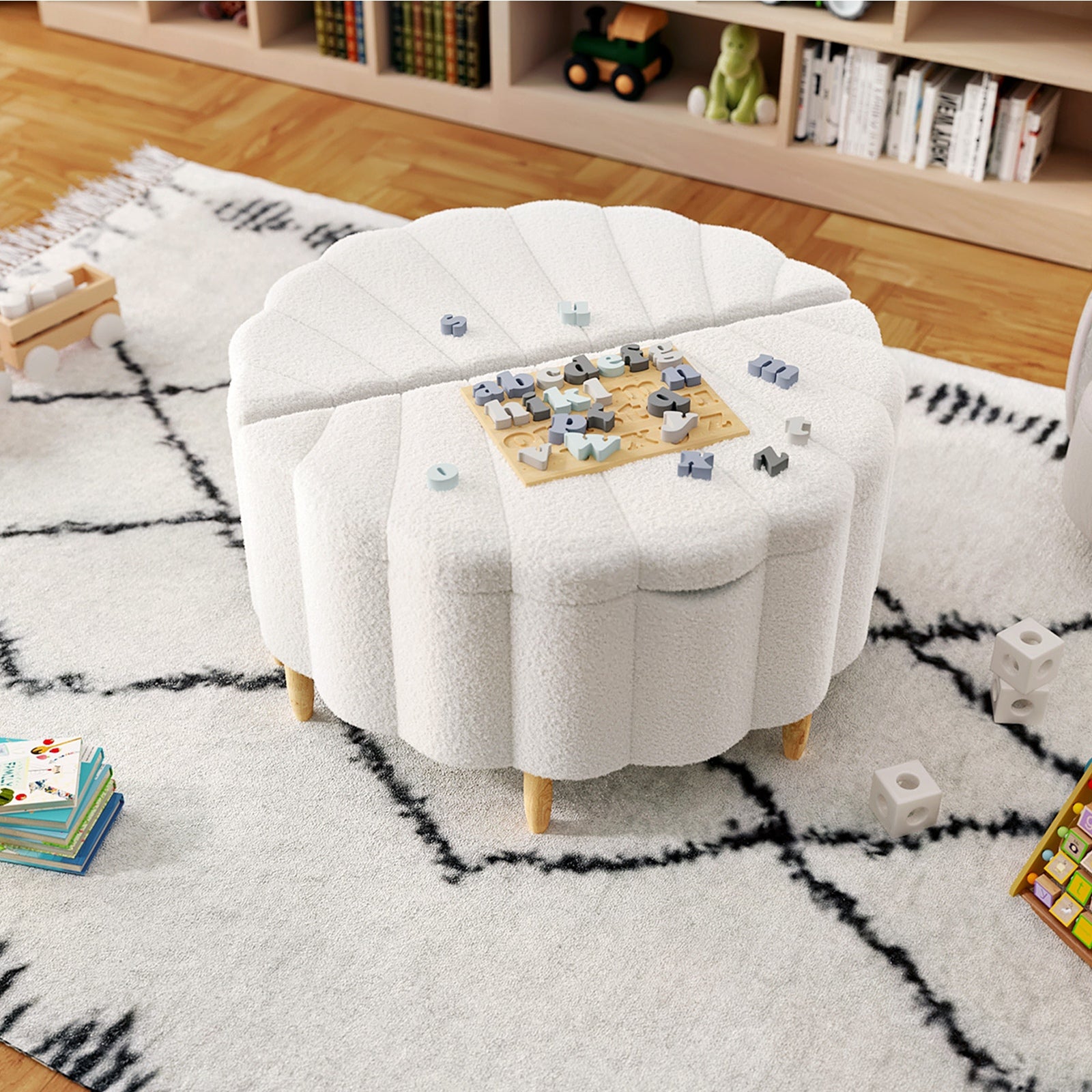 Oikiture Storage Ottoman Scallop Boucle Blanket Box Fleece Foot Stool Seat Chest - Sunyee