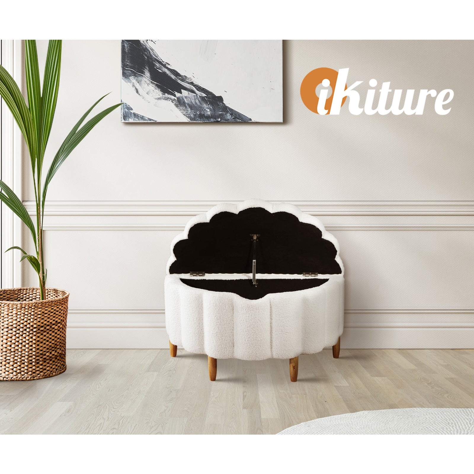 Oikiture Storage Ottoman Scallop Boucle Blanket Box Fleece Foot Stool Seat Chest - Sunyee
