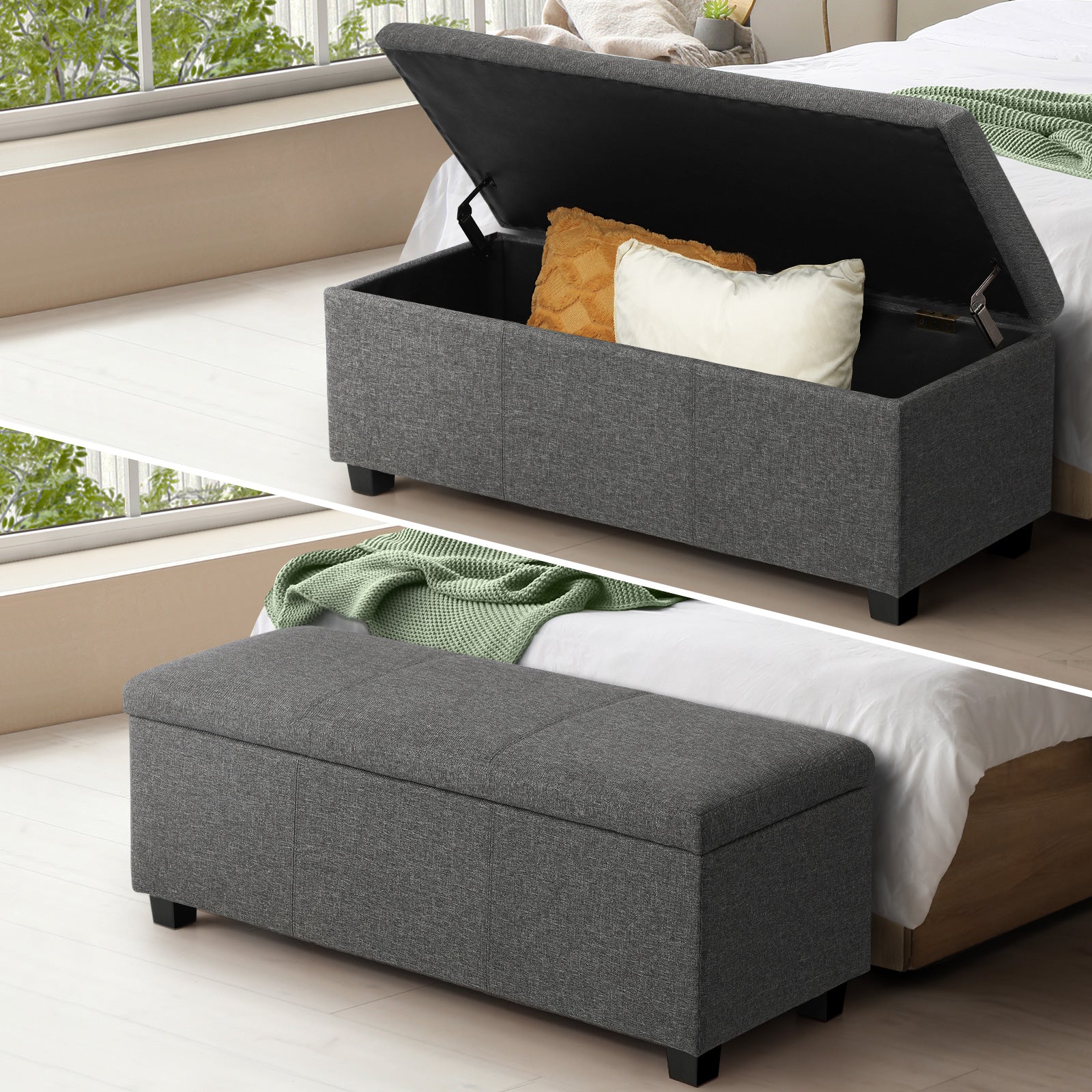 Oikiture Storage Ottoman Blanket Toy Box Faux Leather Linen Arm Stool Chest - Sunyee