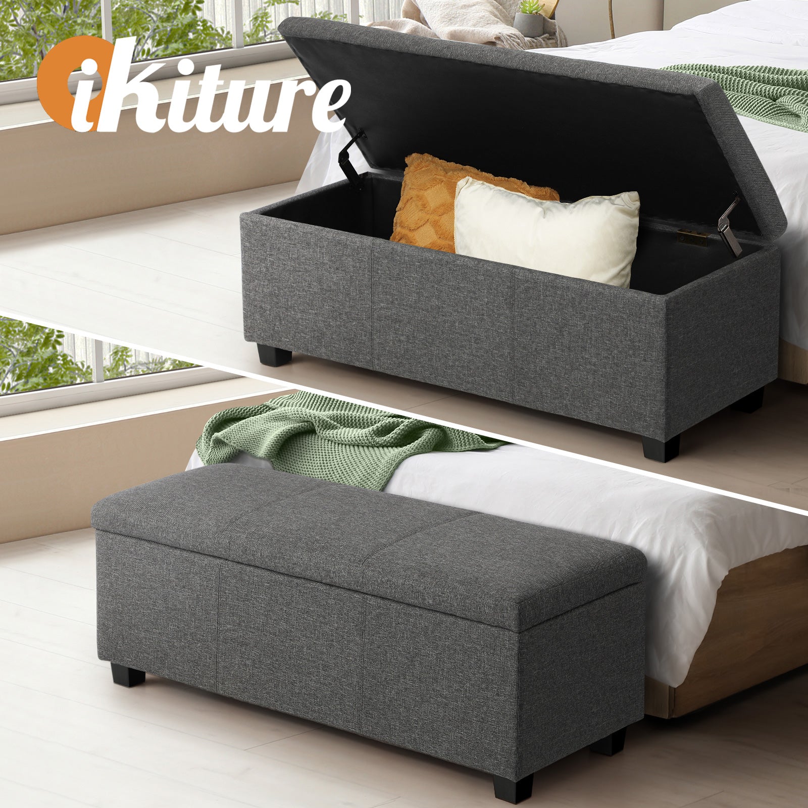 Oikiture Storage Ottoman Blanket Box Linen Fabric Arm Foot Stool Couch Large - Sunyee