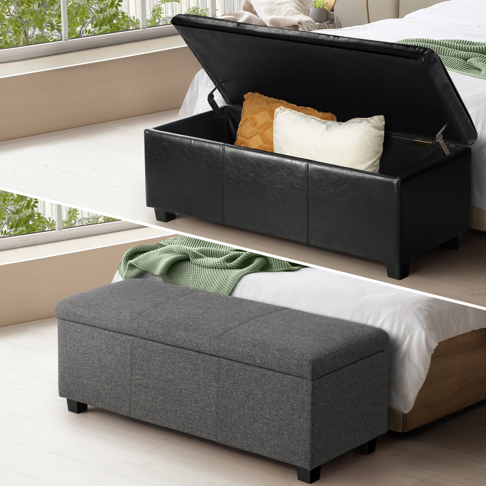 Oikiture Storage Ottoman Blanket Toy Box Faux Leather Linen Arm Stool Chest - Sunyee