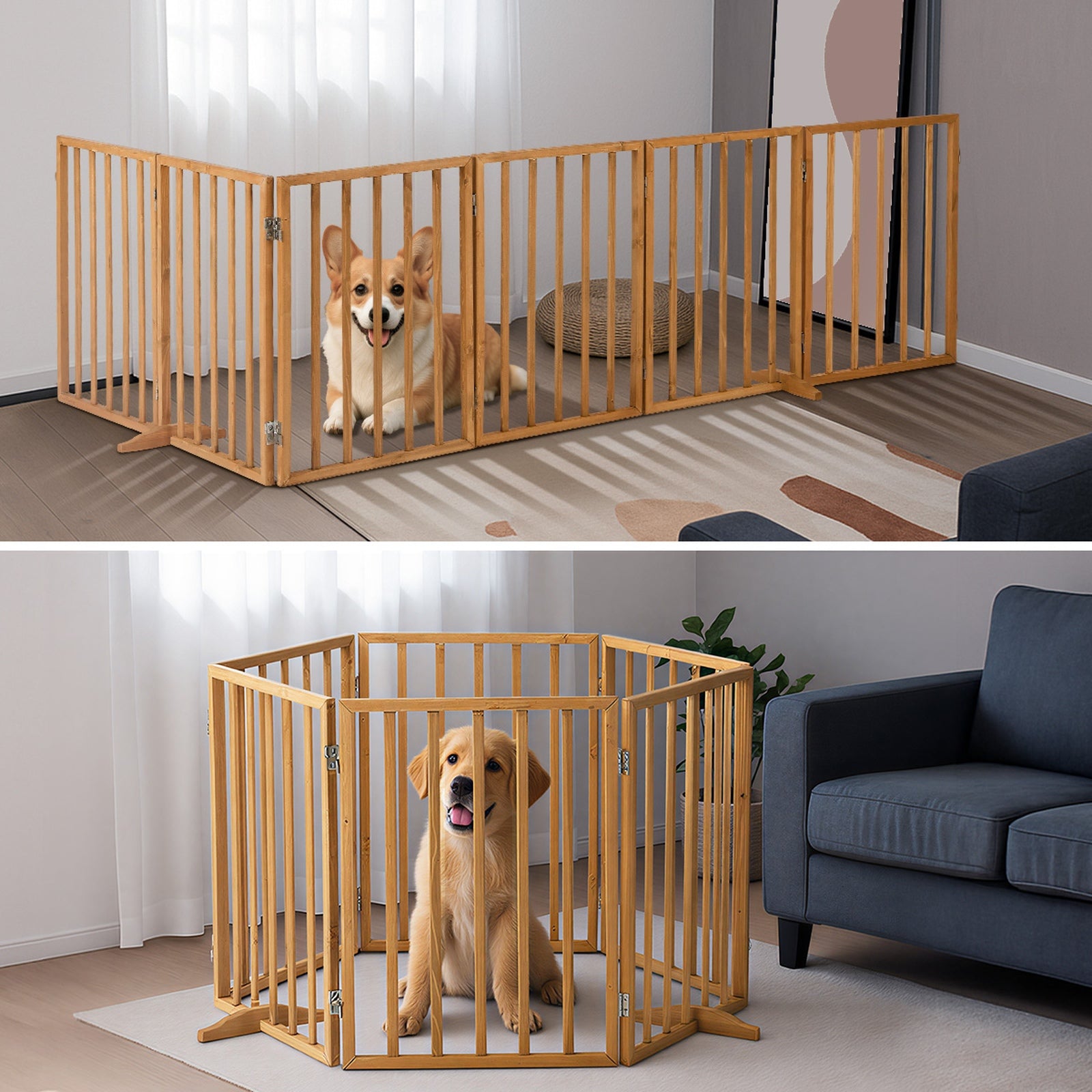 Alopet 2pc Wooden Pet Gate Dog Fence Playpen Stair Barrier 6 Panels Natural - Sunyee