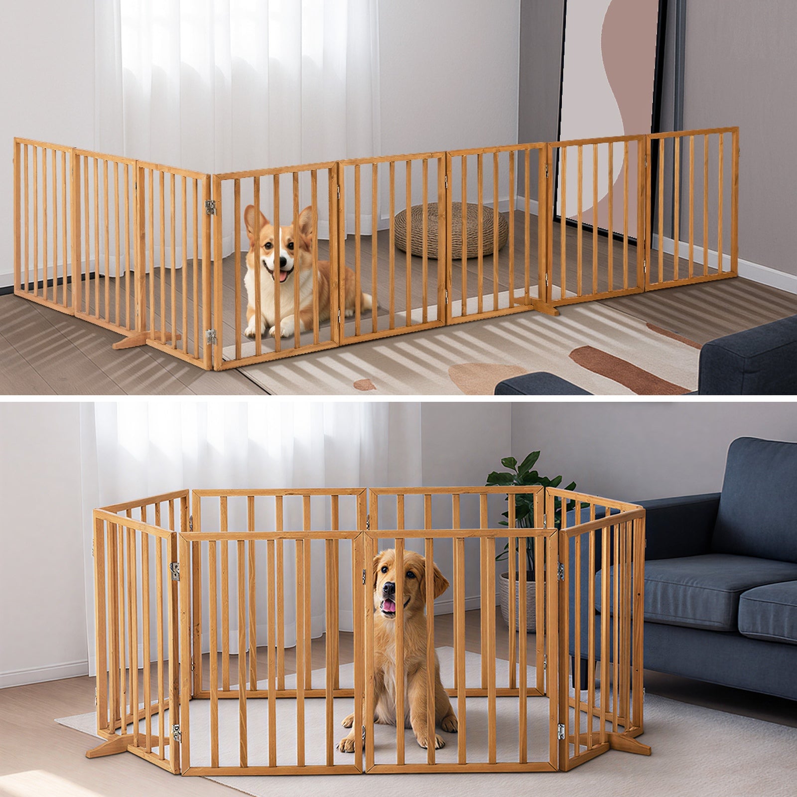 Alopet Wooden Pet Gate Dog Fence Playpen Safety Stair Barrier 8 Panels Natural - Sunyee