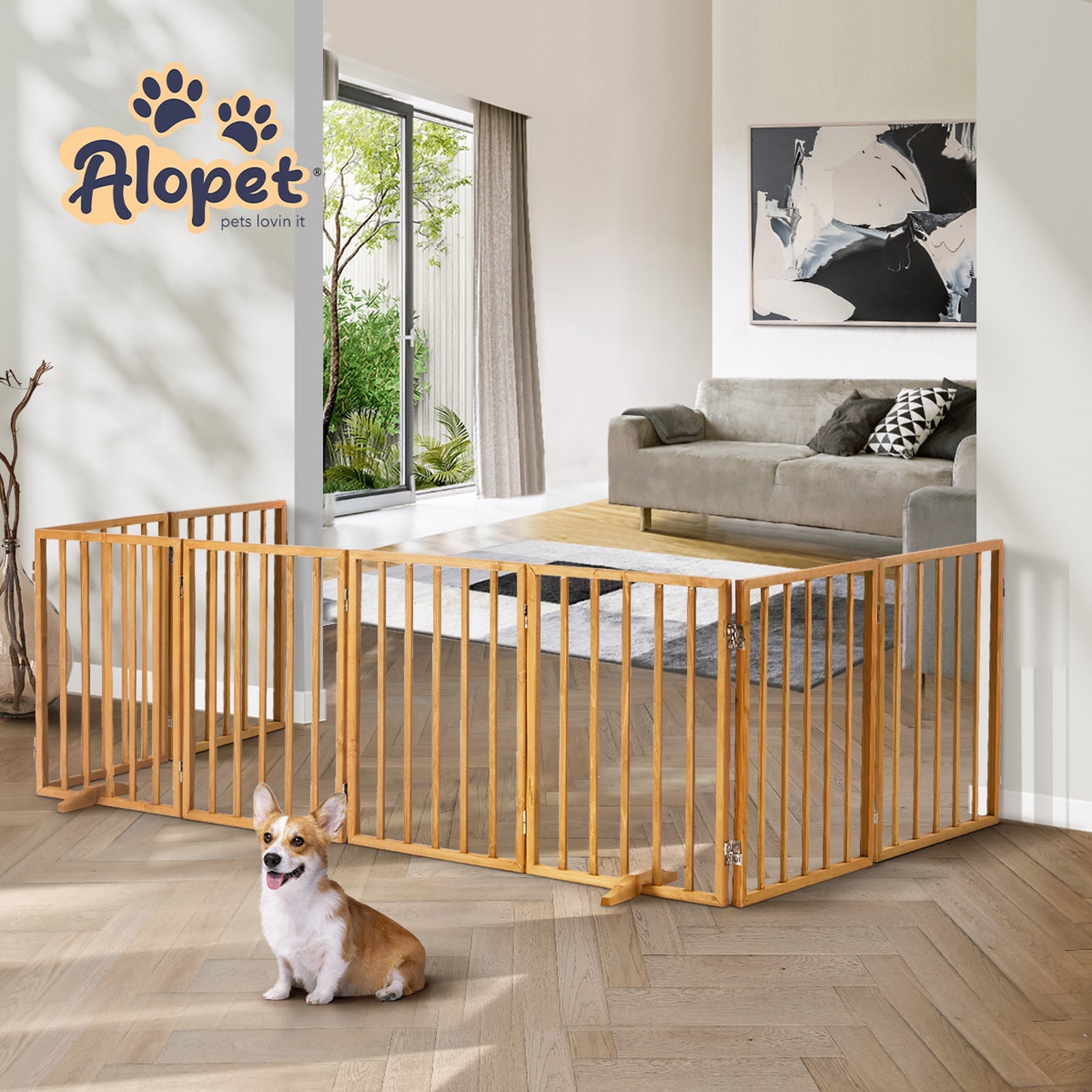 Alopet Wooden Pet Gate Dog Fence Playpen Safety Stair Barrier 8 Panels Natural - Sunyee