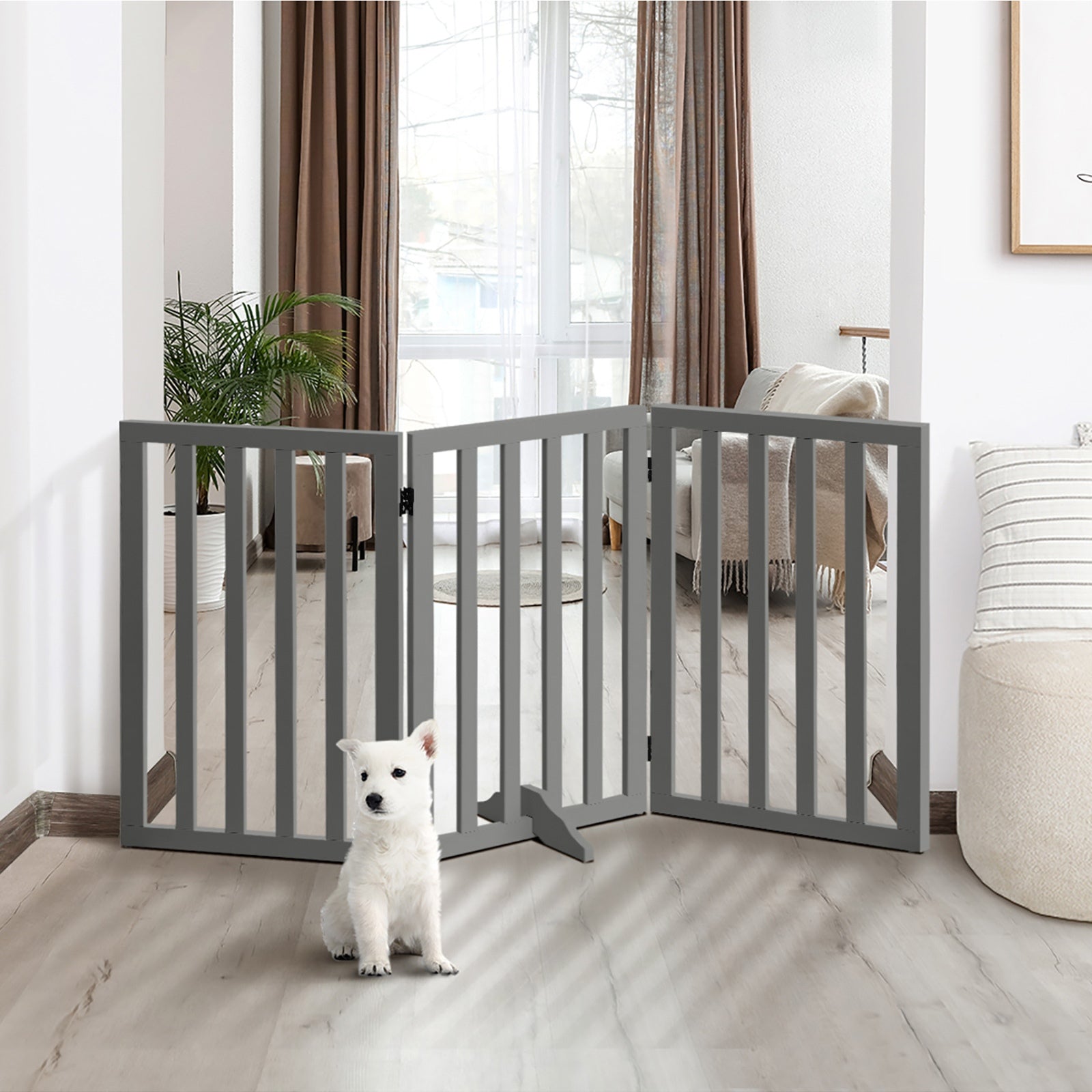 Alopet Wooden Pet Gate Dog Fence Grey Safety Stair Barrier Security Door 80cm - Sunyee