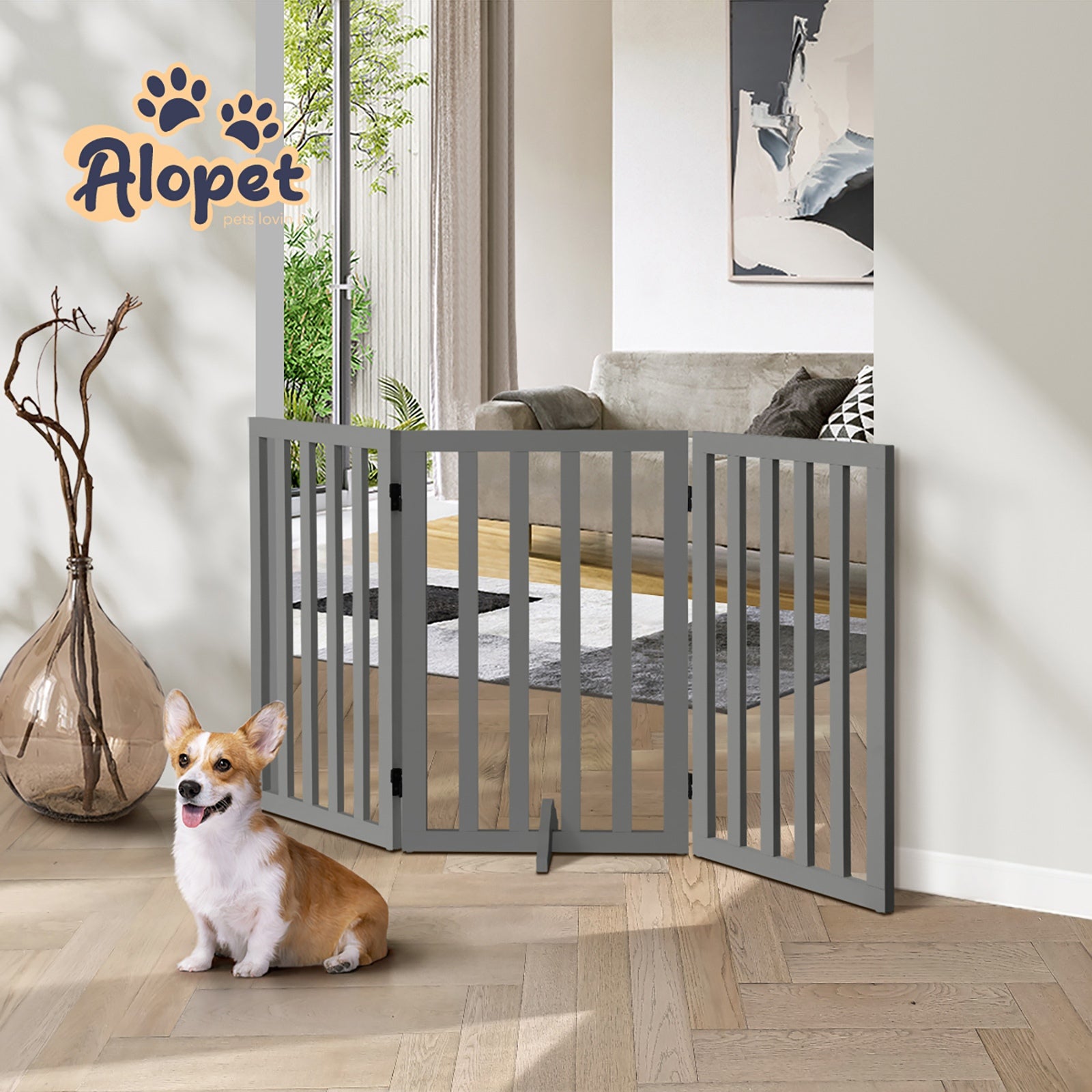 Alopet Wooden Pet Gate Dog Fence Grey Safety Stair Barrier Security Door 80cm - Sunyee