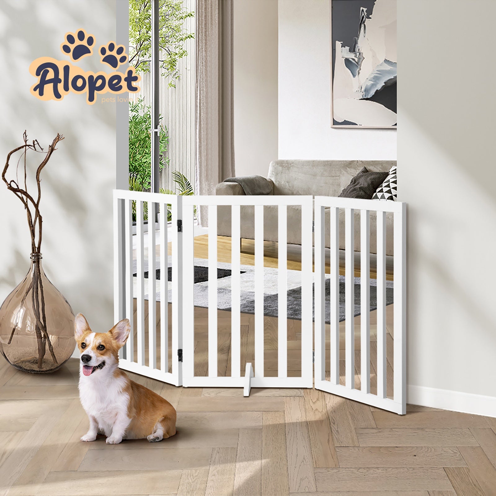 Alopet Wooden Pet Gate Dog Fence Safety Stair Barrier Security Door 3-Panel 80cm - Sunyee