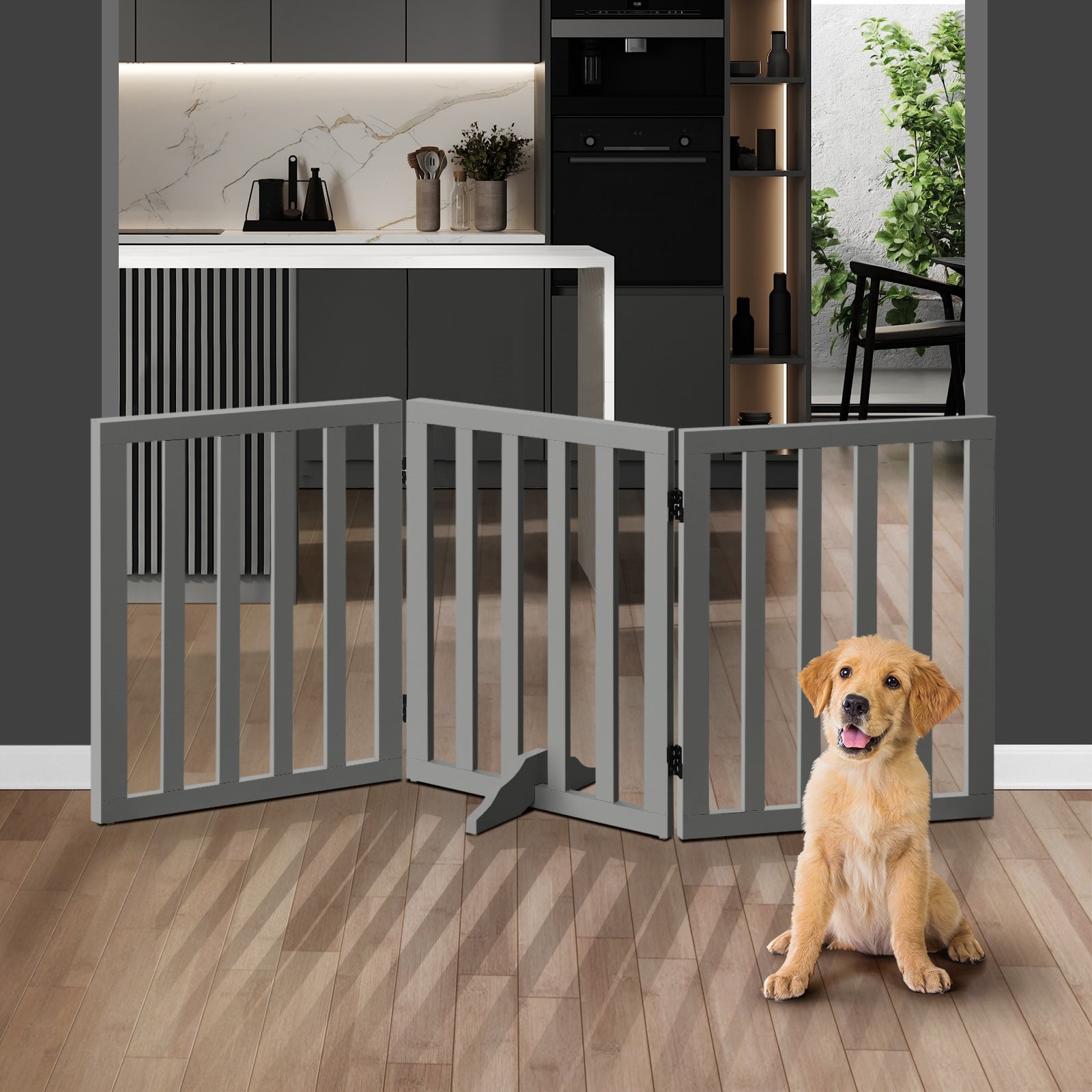 Alopet Wooden Pet Gate Dog Fence Safety Stair Barrier Security Door 3-Panel Grey - Sunyee