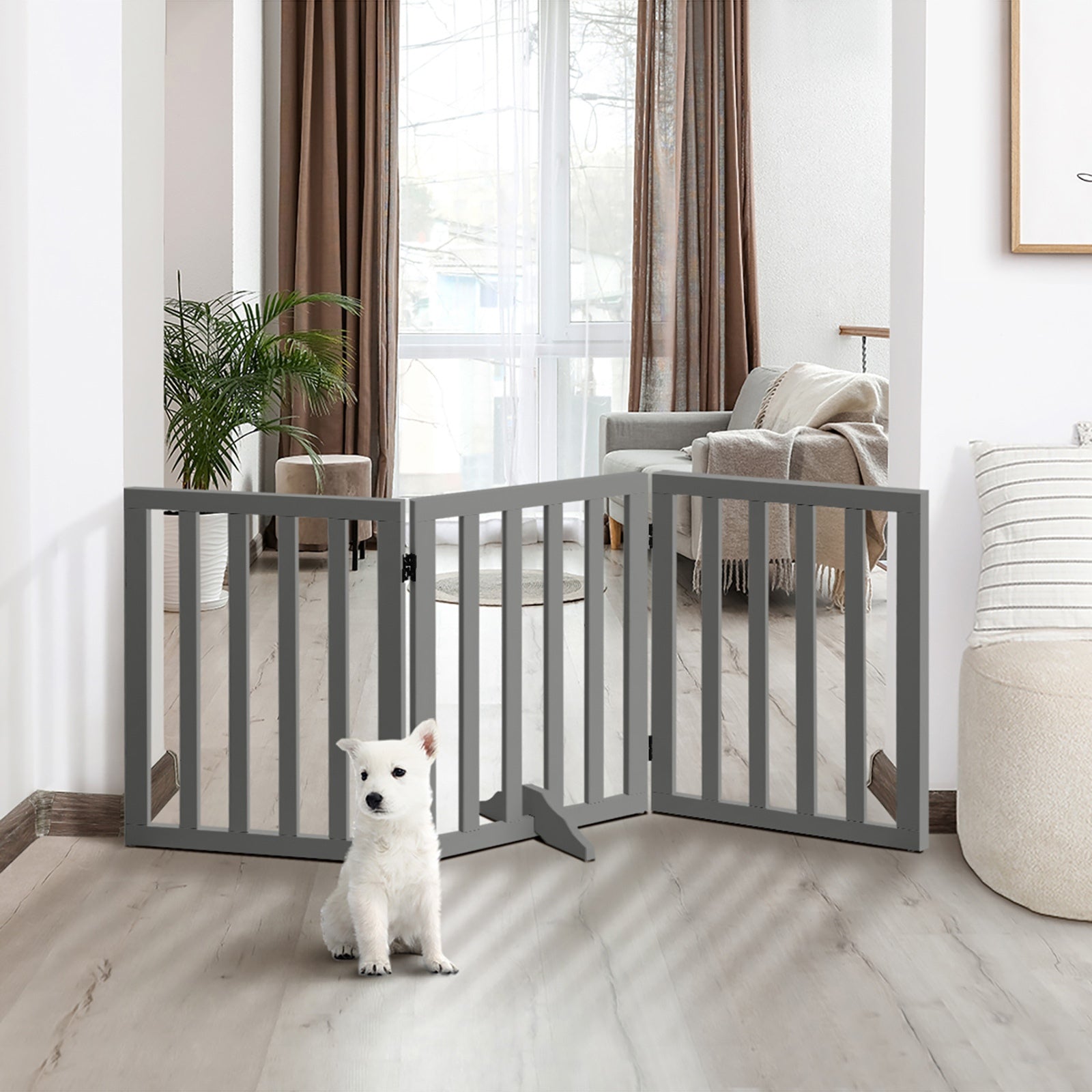 Alopet Wooden Pet Gate Dog Fence Safety Stair Barrier Security Door 3-Panel Grey - Sunyee