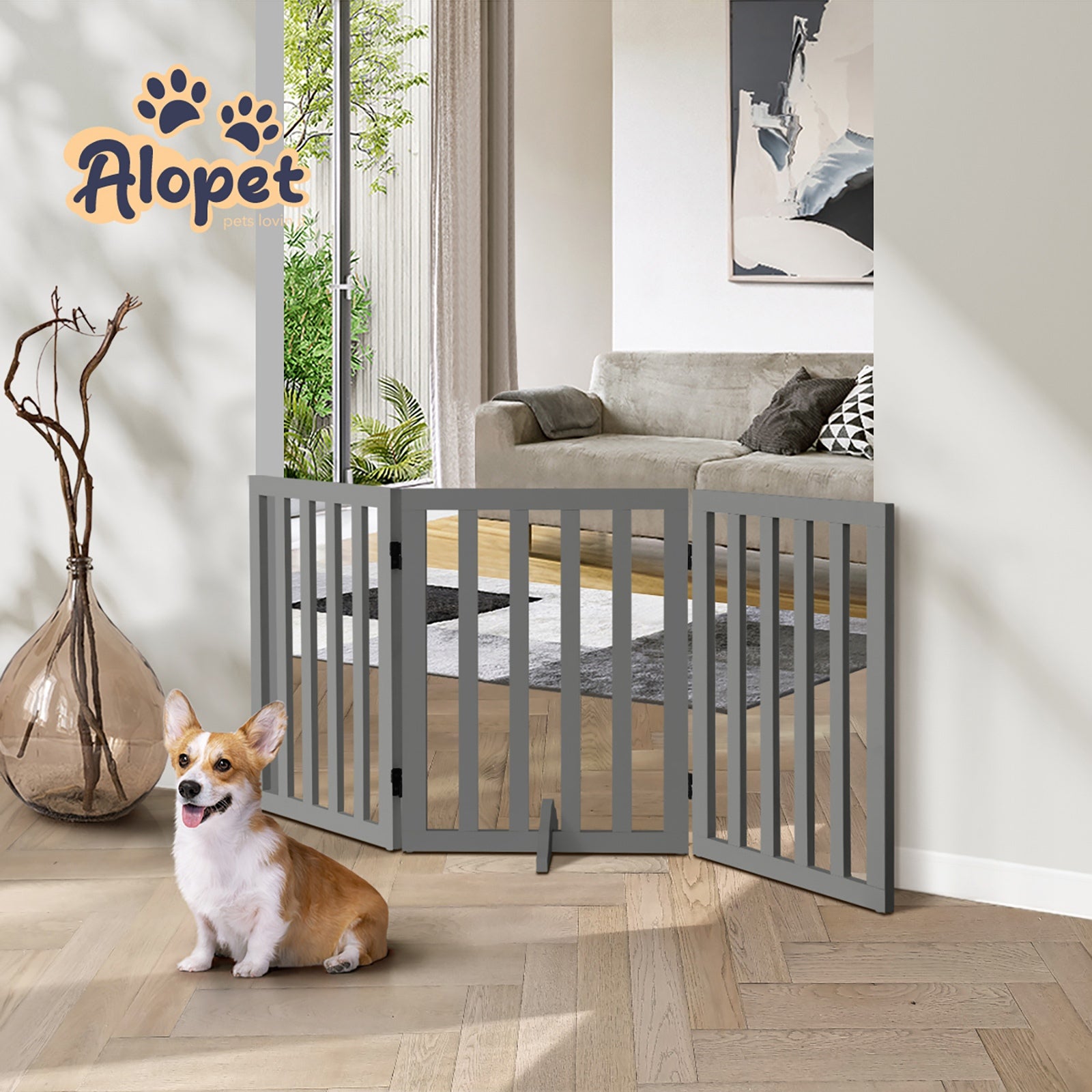 Alopet Wooden Pet Gate Dog Fence Safety Stair Barrier Security Door 3-Panel Grey - Sunyee