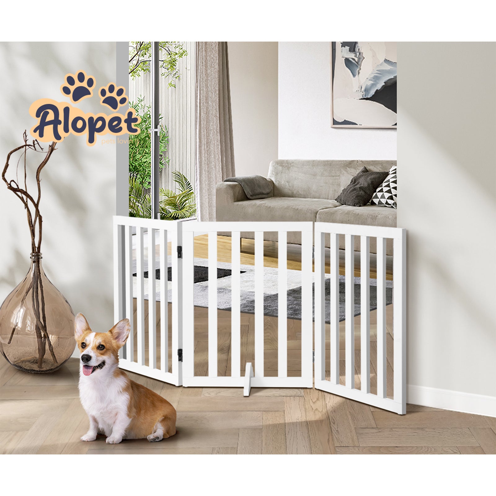 Alopet Wooden Pet Gate Dog Fence Safety Stair Barrier Security Door 3 Panels - Sunyee