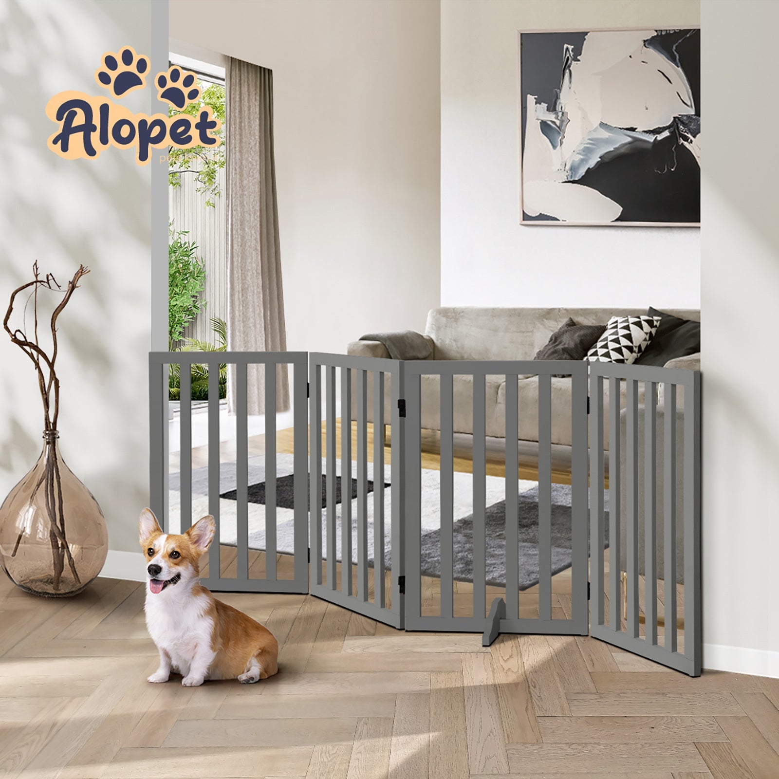 Alopet Wooden Pet Gate Dog Fence Grey Safety Stair Barrier Security Door 80cm - Sunyee