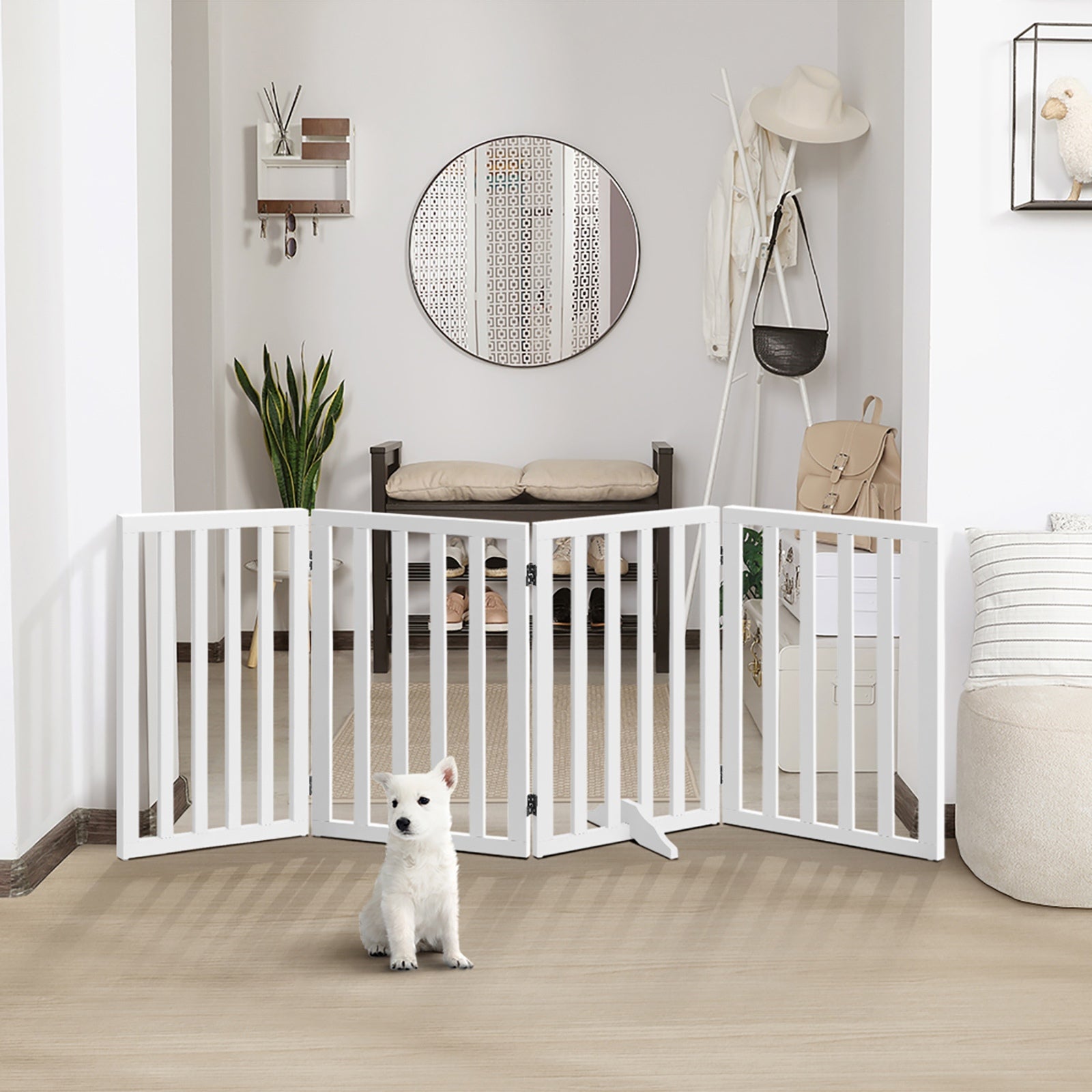 Alopet Wooden Pet Gate Dog Fence Safety Stair Barrier Security Door 4-Panel 80cm - Sunyee