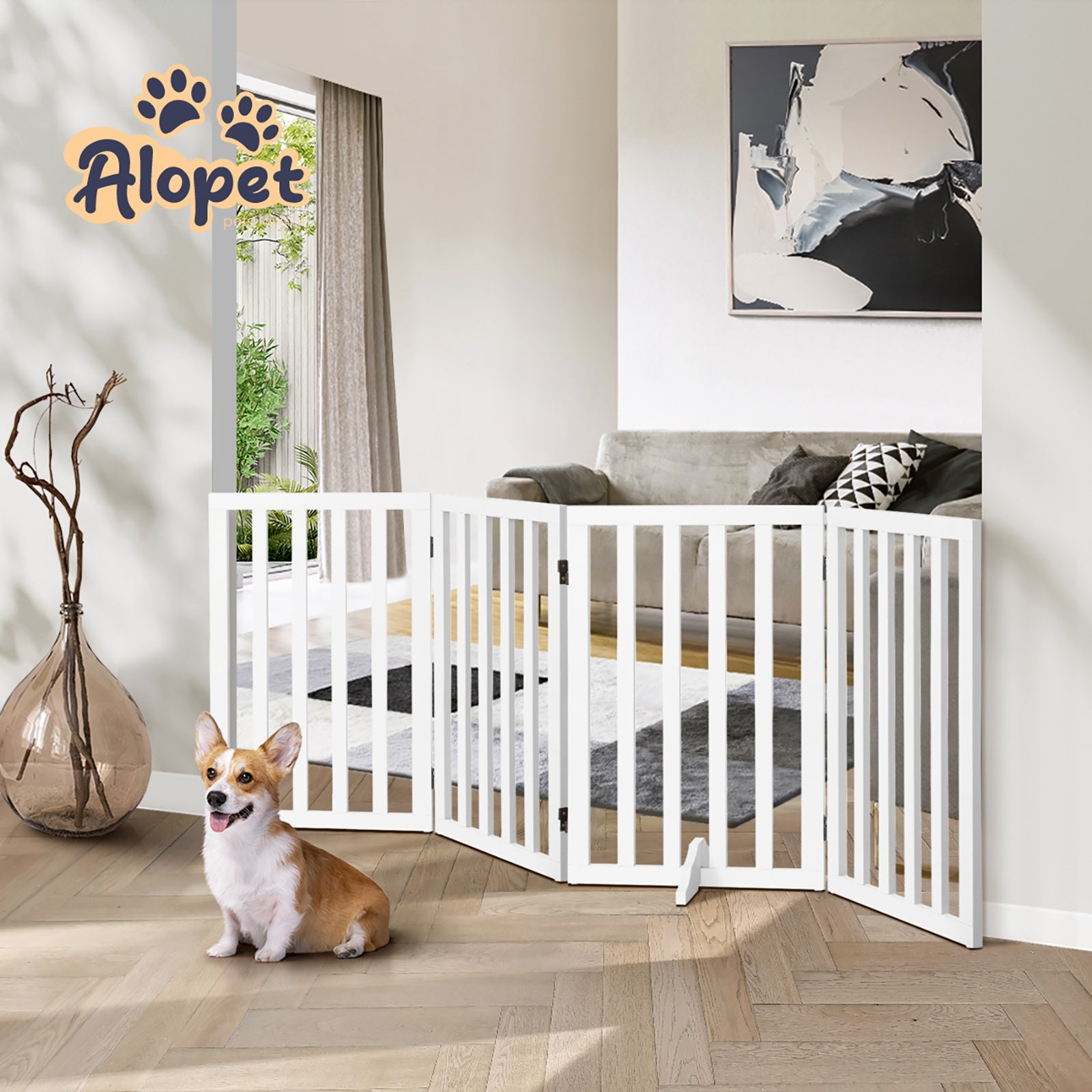 Alopet Wooden Pet Gate Dog Fence Safety Stair Barrier Security Door 4-Panel 80cm - Sunyee