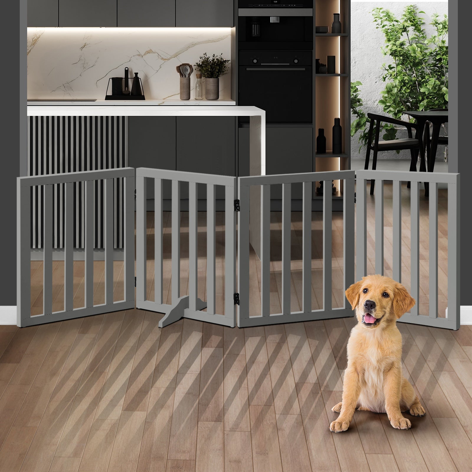 Alopet Wooden Pet Gate Dog Fence Safety Stair Barrier Security Door 4-Panel Grey - Sunyee