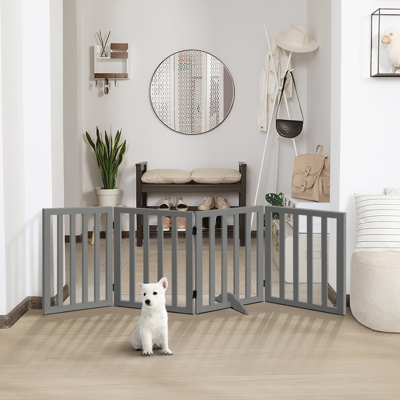 Alopet Wooden Pet Gate Dog Fence Safety Stair Barrier Security Door 4-Panel Grey - Sunyee