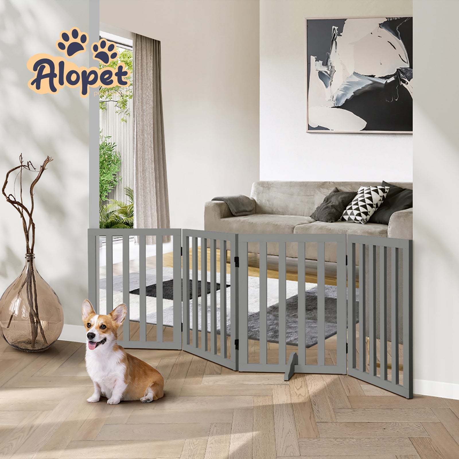 Alopet Wooden Pet Gate Dog Fence Safety Stair Barrier Security Door 4-Panel Grey - Sunyee