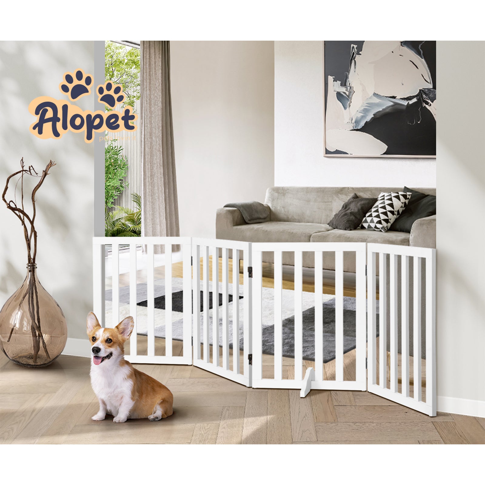 Alopet Wooden Pet Gate Dog Fence Safety Stair Barrier Security Door 4 Panels - Sunyee