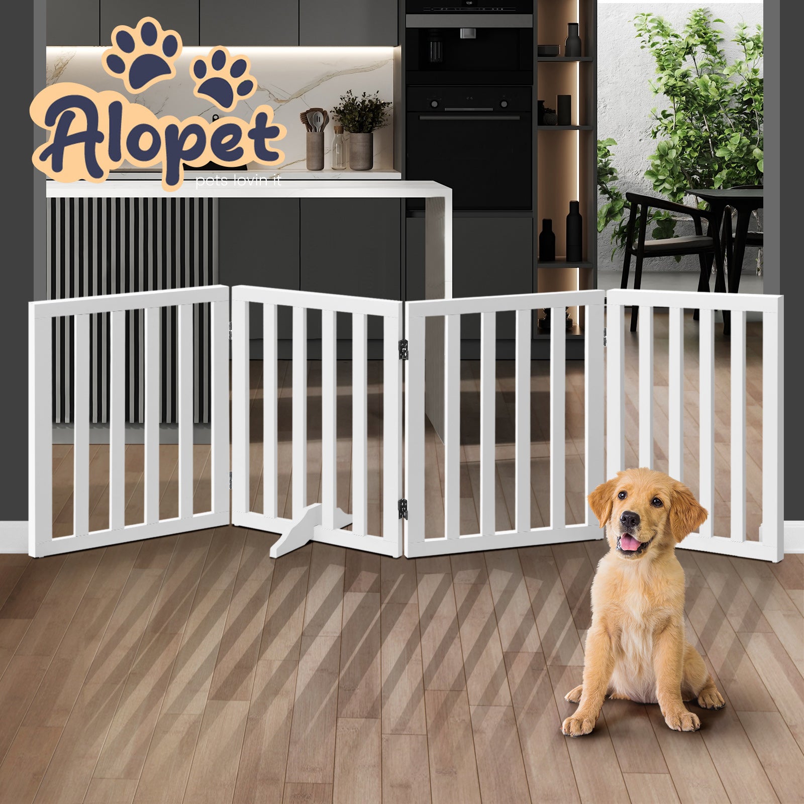 Alopet Wooden Pet Gate Dog Fence Safety Stair Barrier Security Door 4 Panels - Sunyee