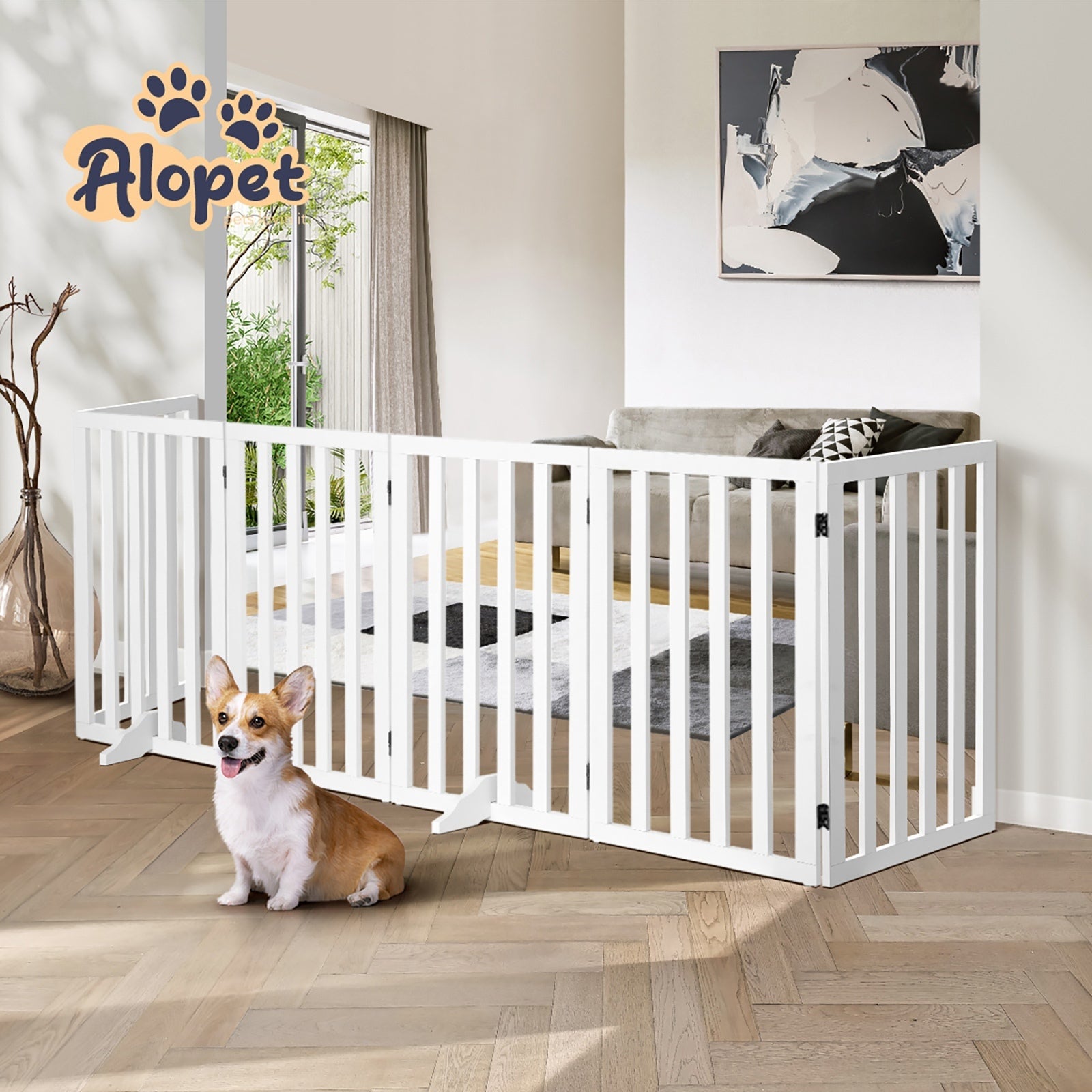 Alopet Wooden Pet Gate Dog Fence Safety Stair Barrier Security Door 6-Panel 80cm - Sunyee