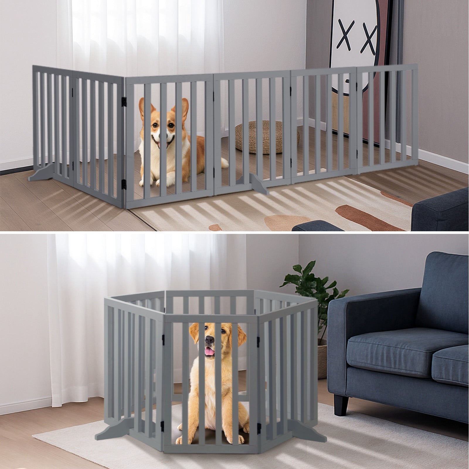 Alopet Wooden Pet Gate Dog Fence Safety Stair Barrier Security Door 6-Panel Grey - Sunyee