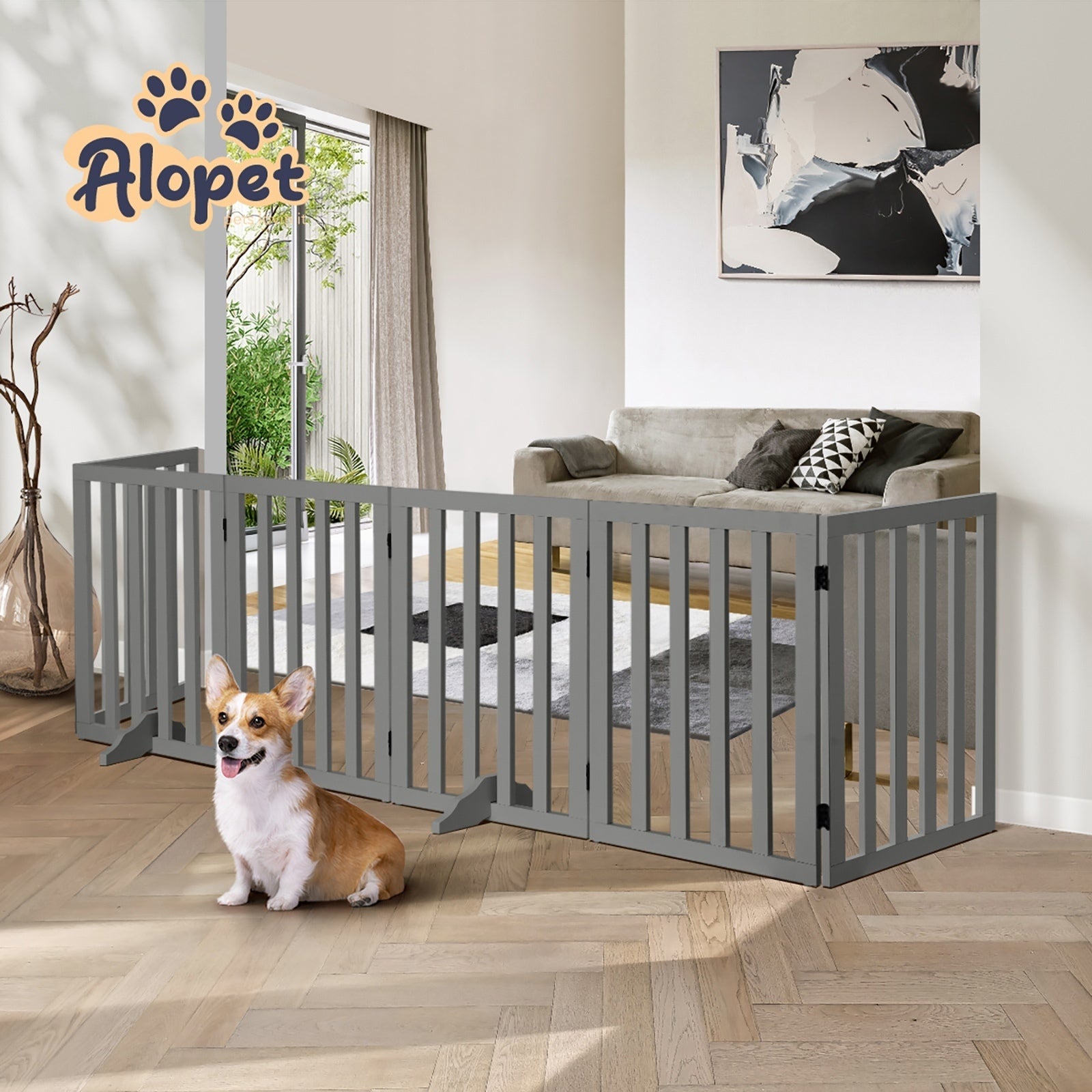 Alopet Wooden Pet Gate Dog Fence Safety Stair Barrier Security Door 6-Panel Grey - Sunyee