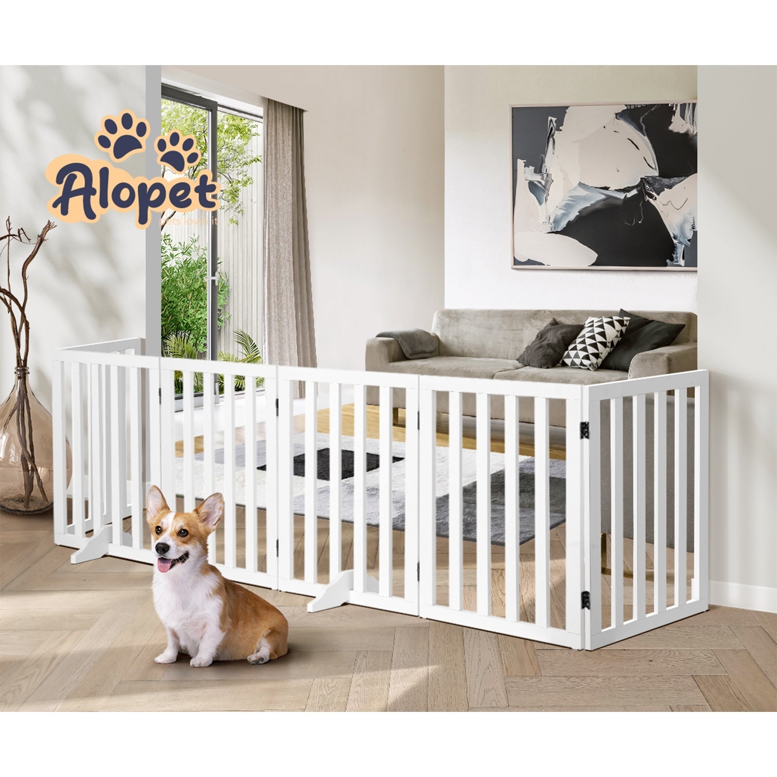 Alopet Wooden Pet Gate Dog Fence Safety Stair Barrier Security Door 6 Panels - Sunyee