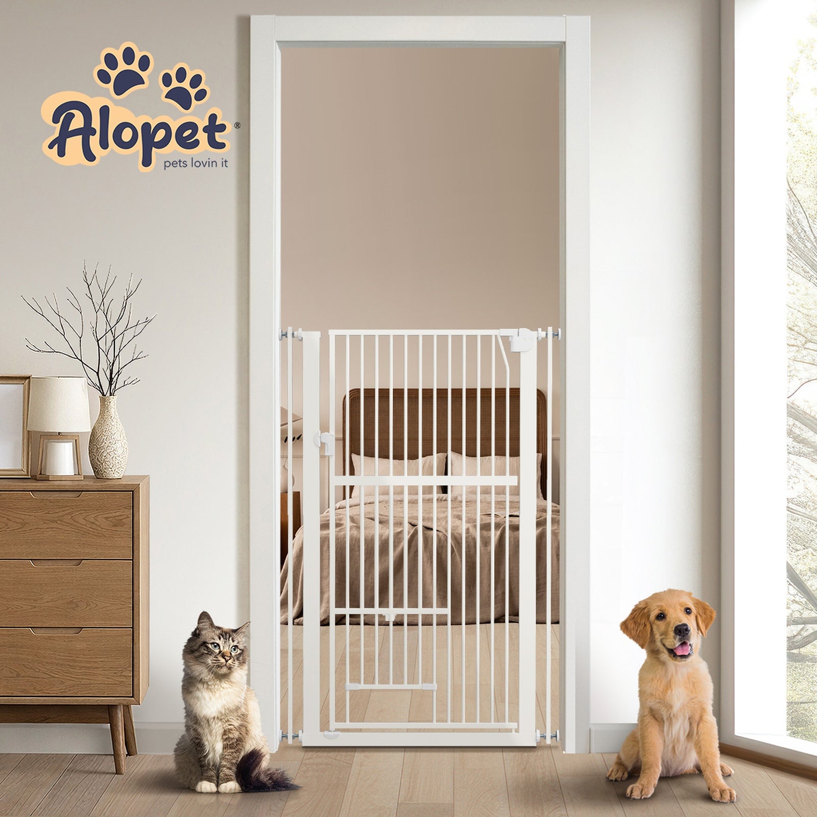 Alopet 143cm Retractable Safety Gate Pet Dog Cat with Walk Through Door White - Sunyee