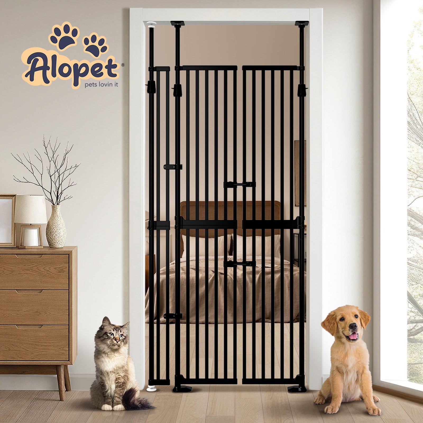 Alopet 190cm-264cm Retractable Safety Gate Pet Dog Cat Extra Tall Fence Black - Sunyee
